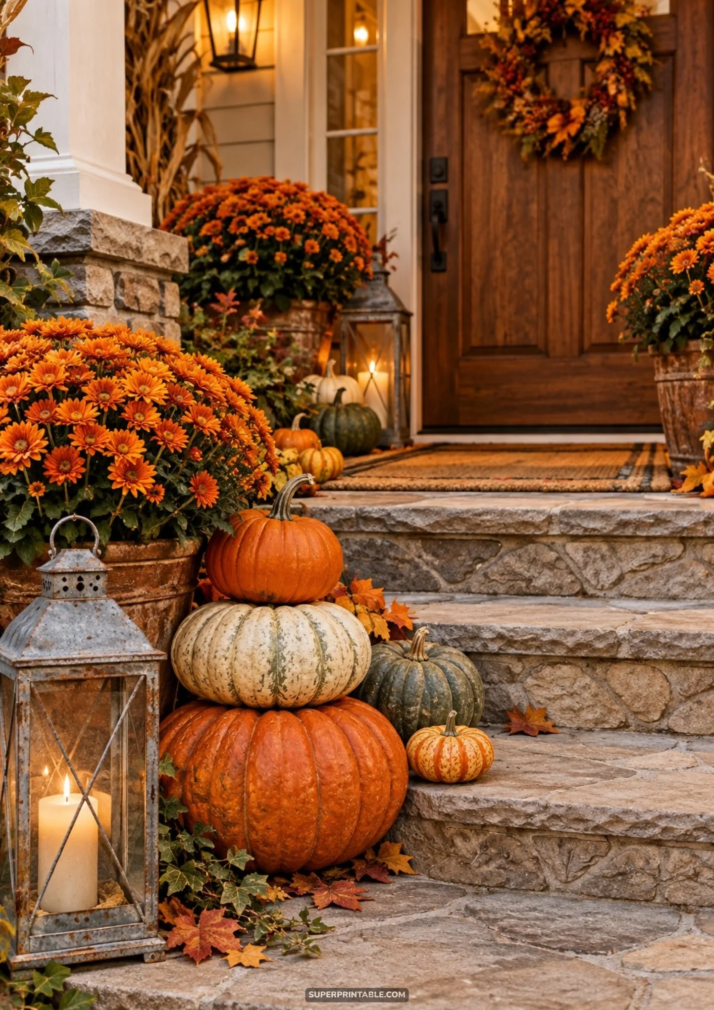 Stacked pumpkins, glowing lanterns, and orange mums adorning stone steps for autumn harvest backgrounds