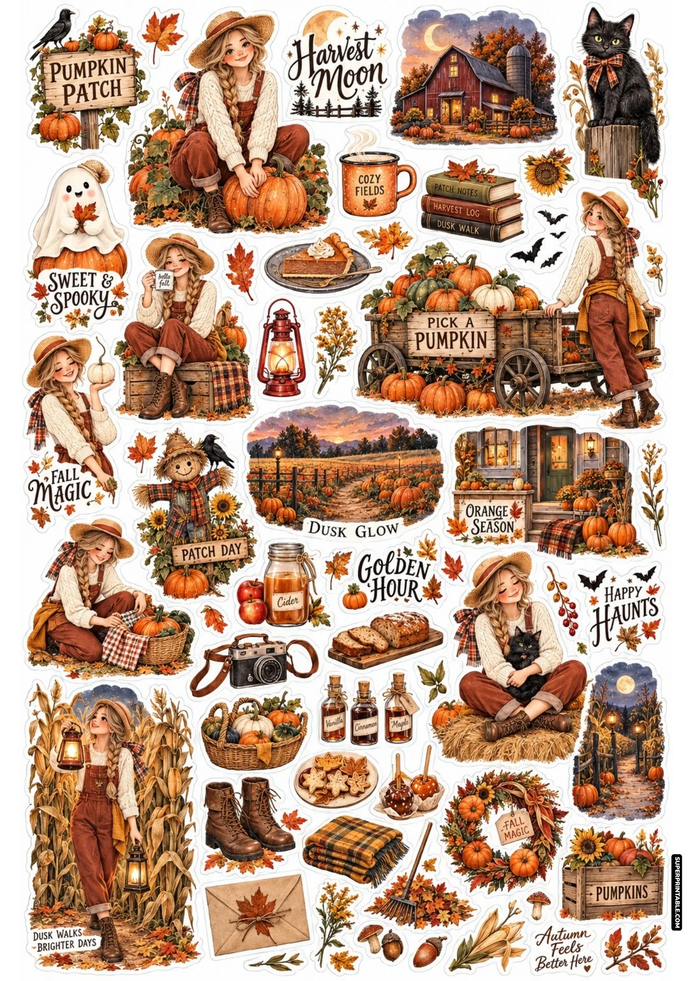 Printable autumn harvest sticker sheet with farm girl characters, pumpkin wagons, and rustic farmhouses.