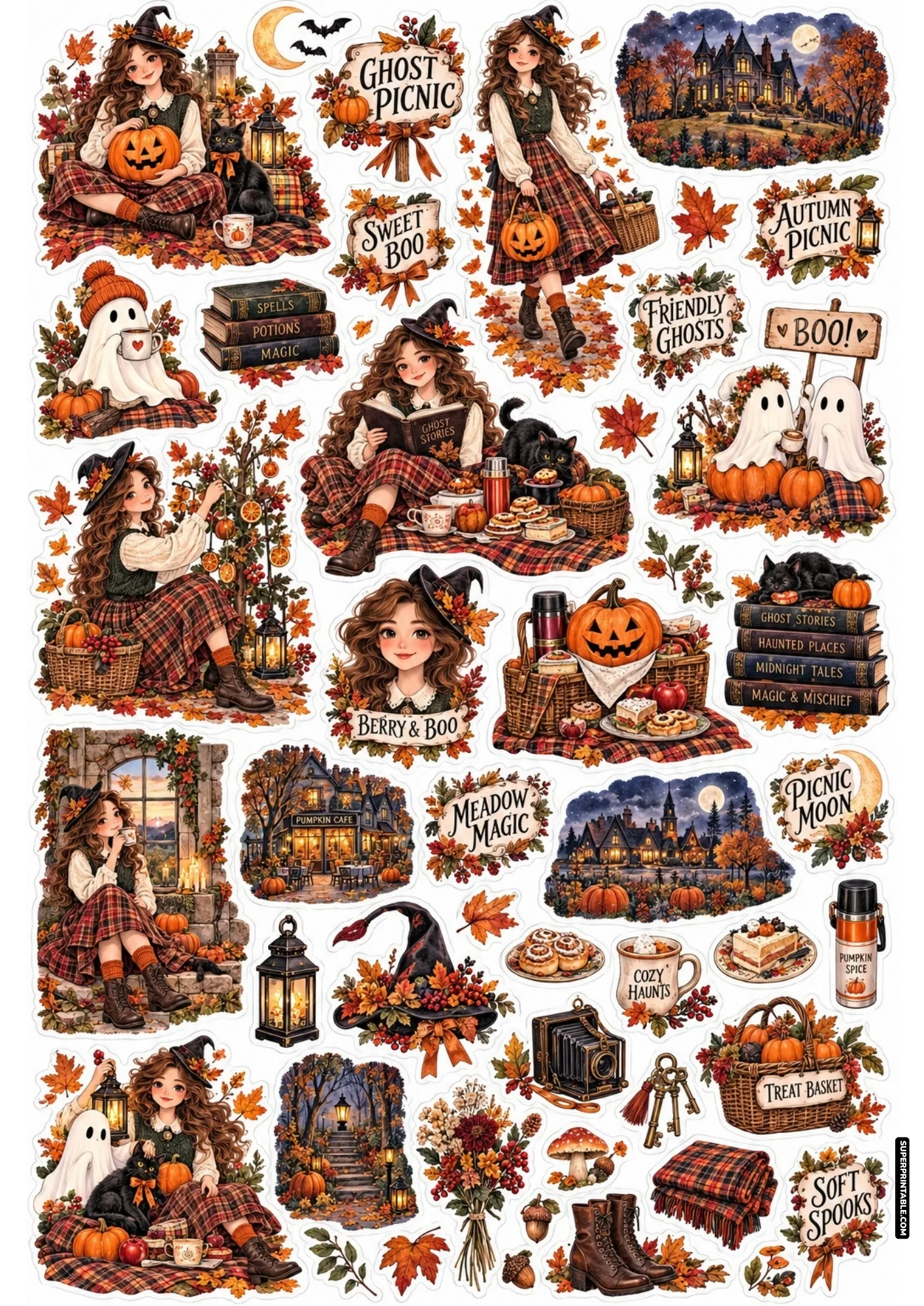 Whimsical autumn picnic sticker sheet with plaid-dressed girls and cute ghosts sharing snacks outdoors.
