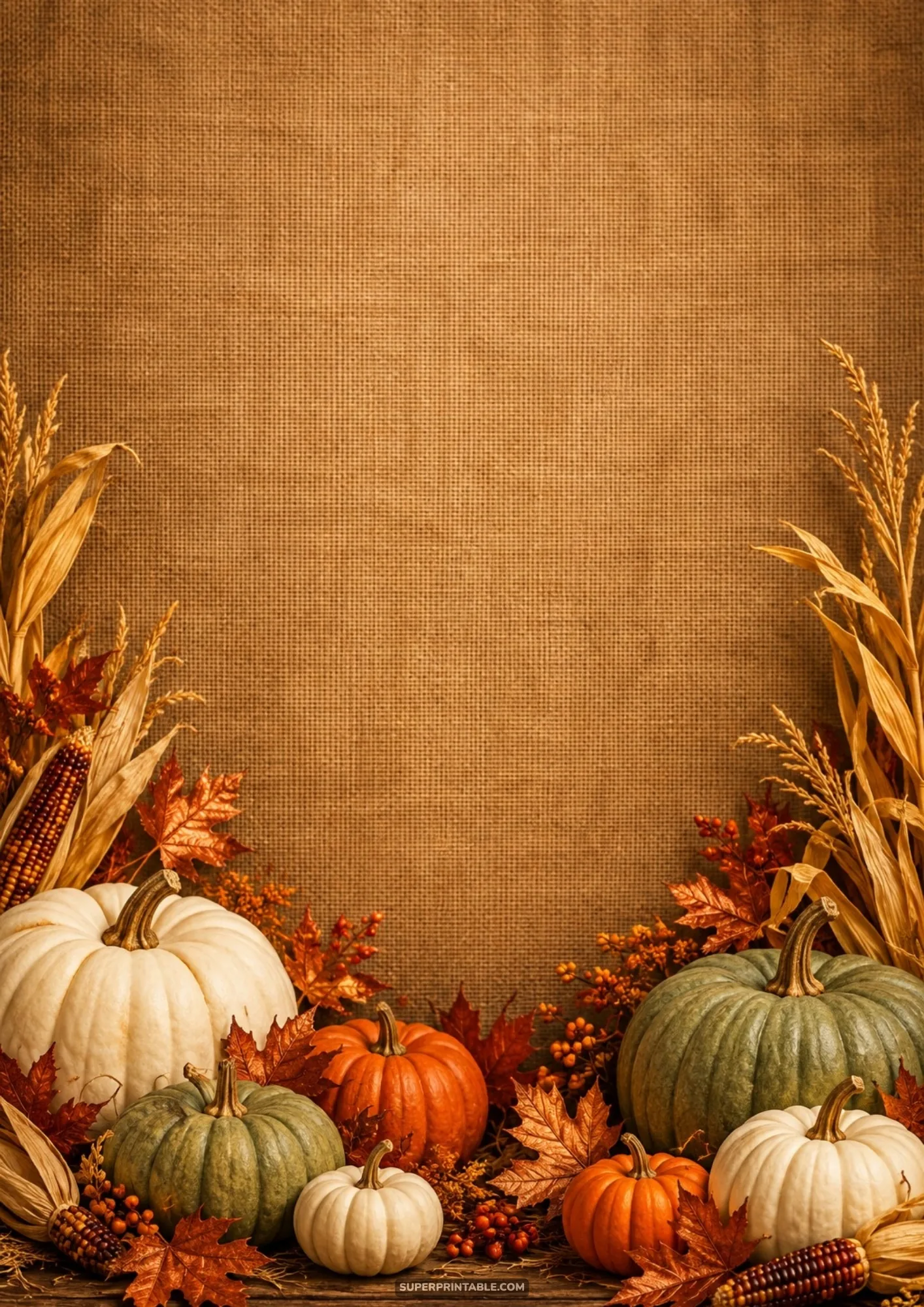 White and orange pumpkins with corn husks arranged on rustic burlap for autumn harvest backgrounds