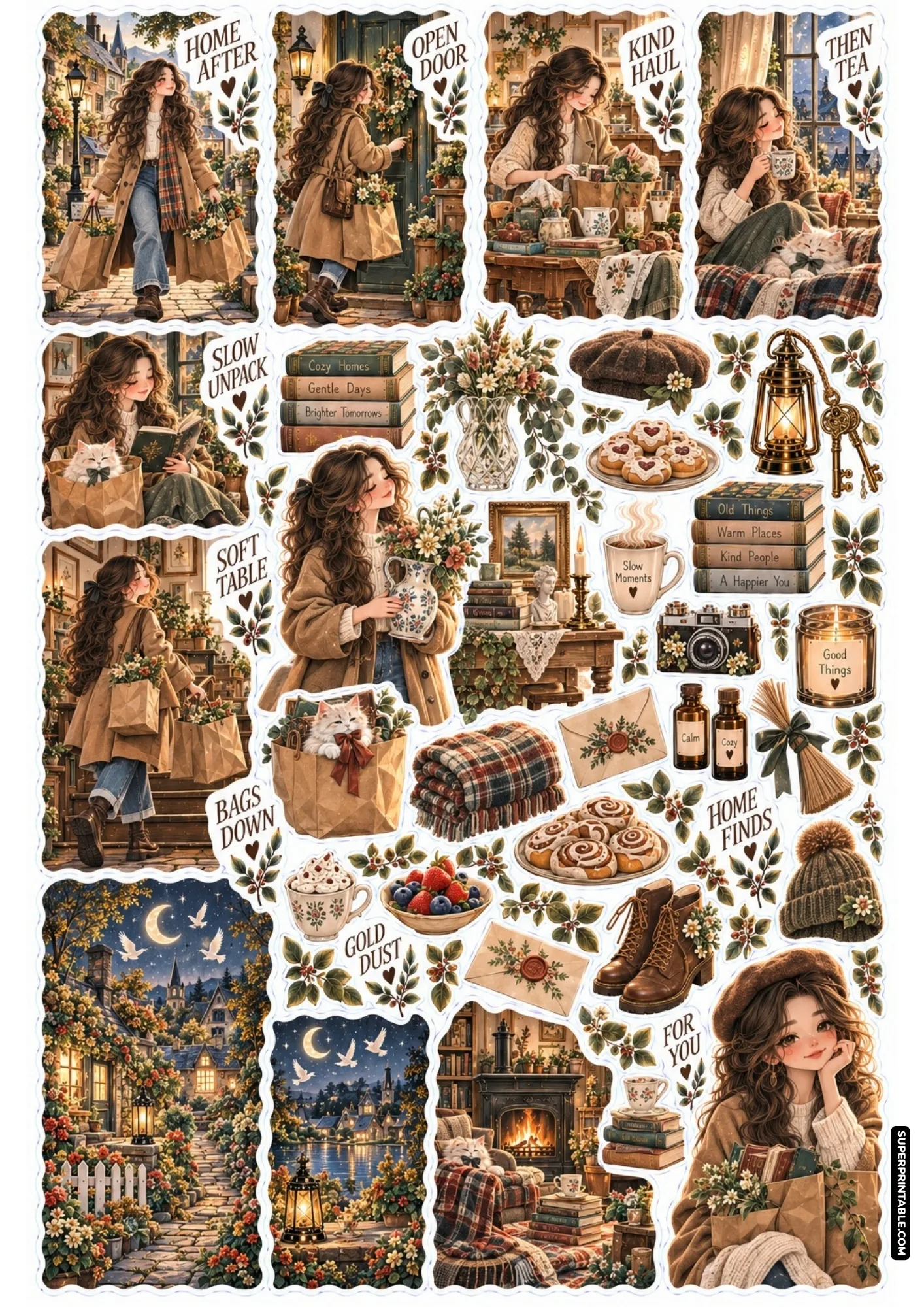 Autumn thrift haul collection with brown paper parcels stacked books and warm tea cup