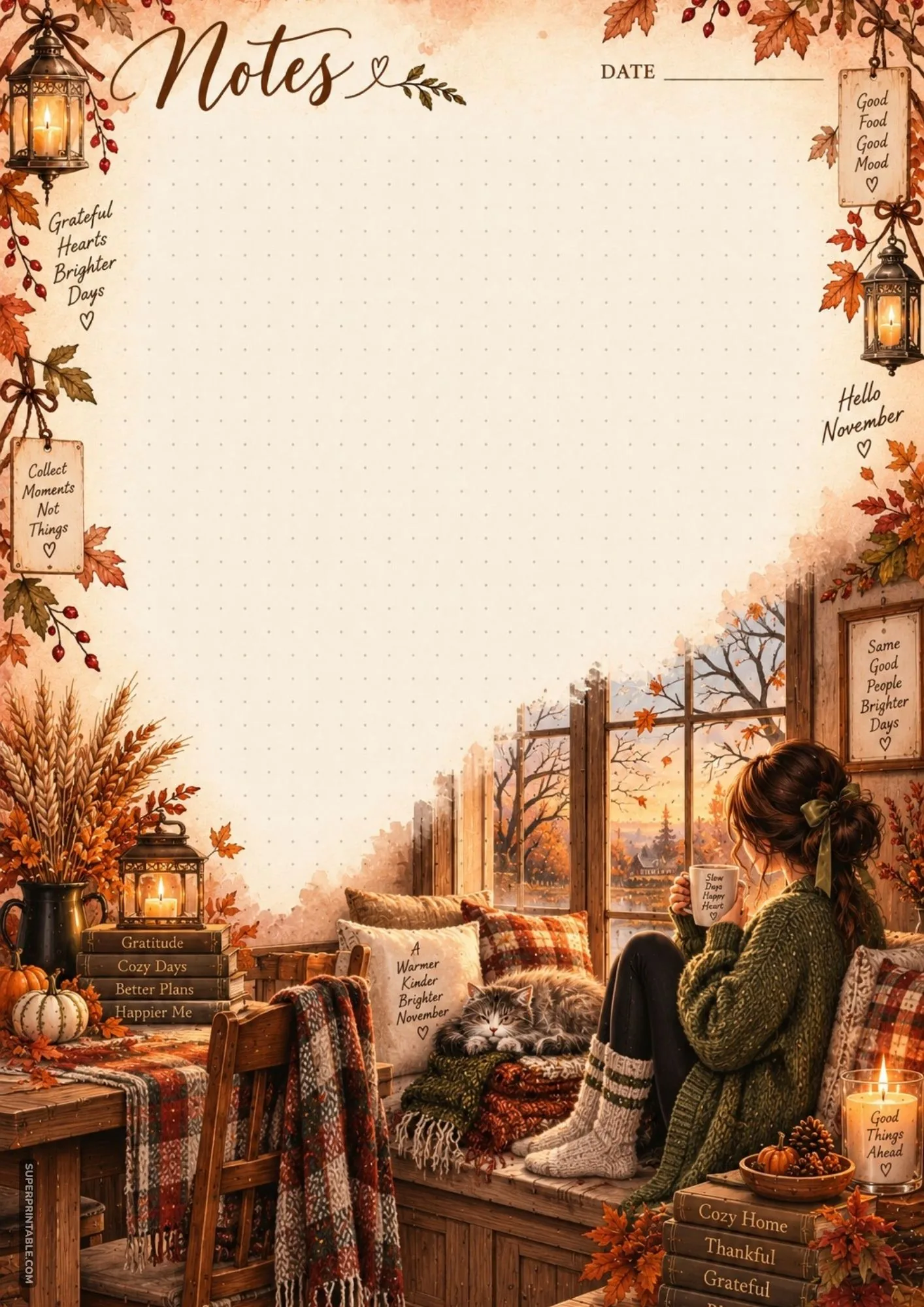 Dot grid stationery design showing a woman wrapped in a sweater sipping tea by a scenic autumn window.