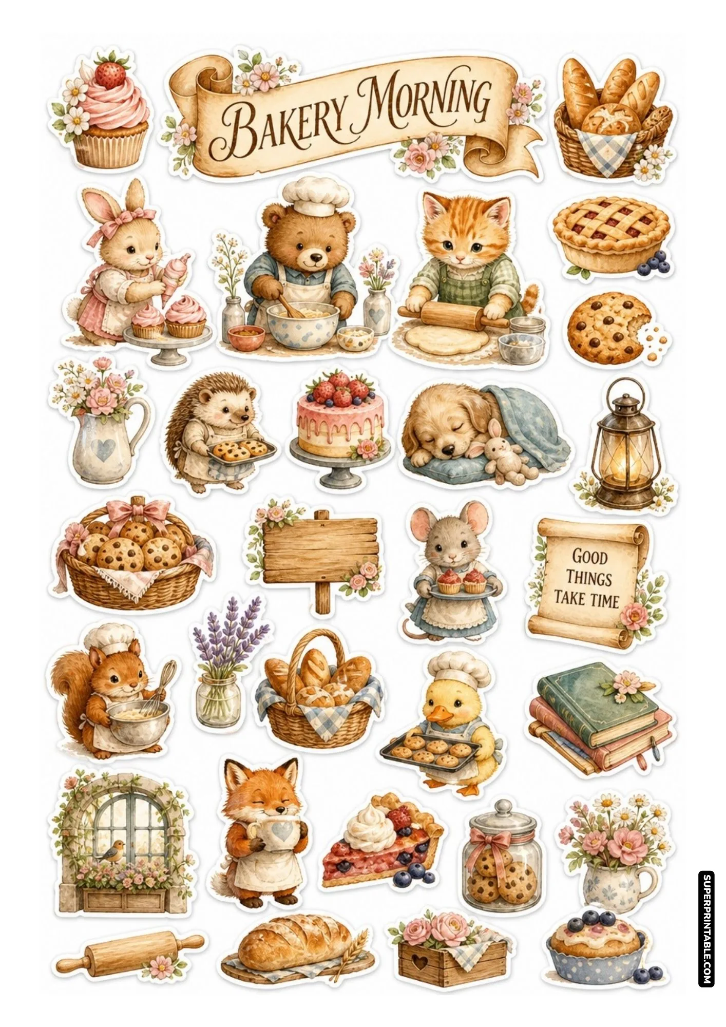 Morning bakery theme sticker sheet showcasing cute animal characters preparing breakfast treats.
