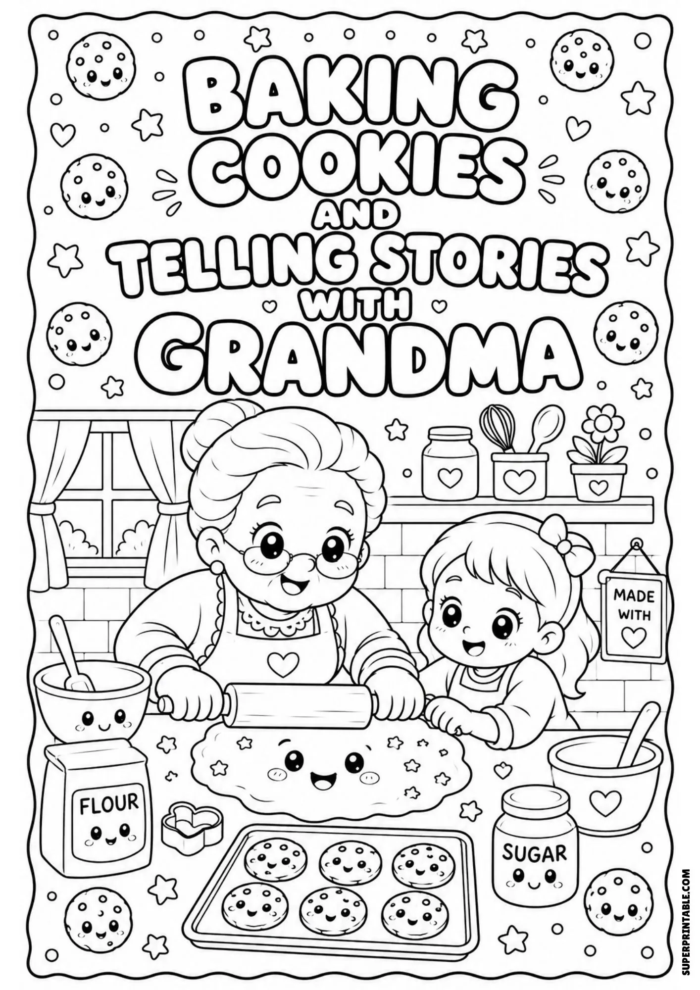 Line drawing of a grandmother and young girl rolling out cookie dough together in a kitchen.