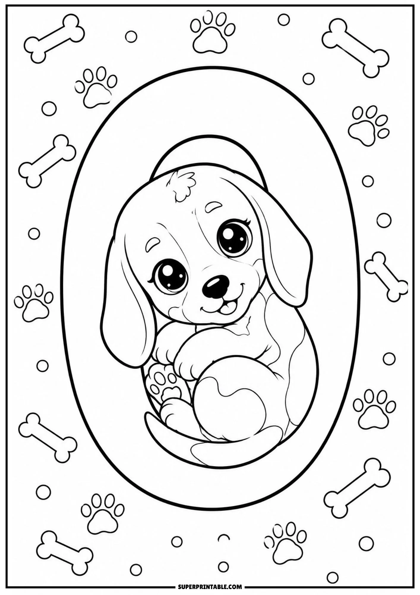Beagle numbers coloring pages showing a cute puppy curled inside a large number zero.