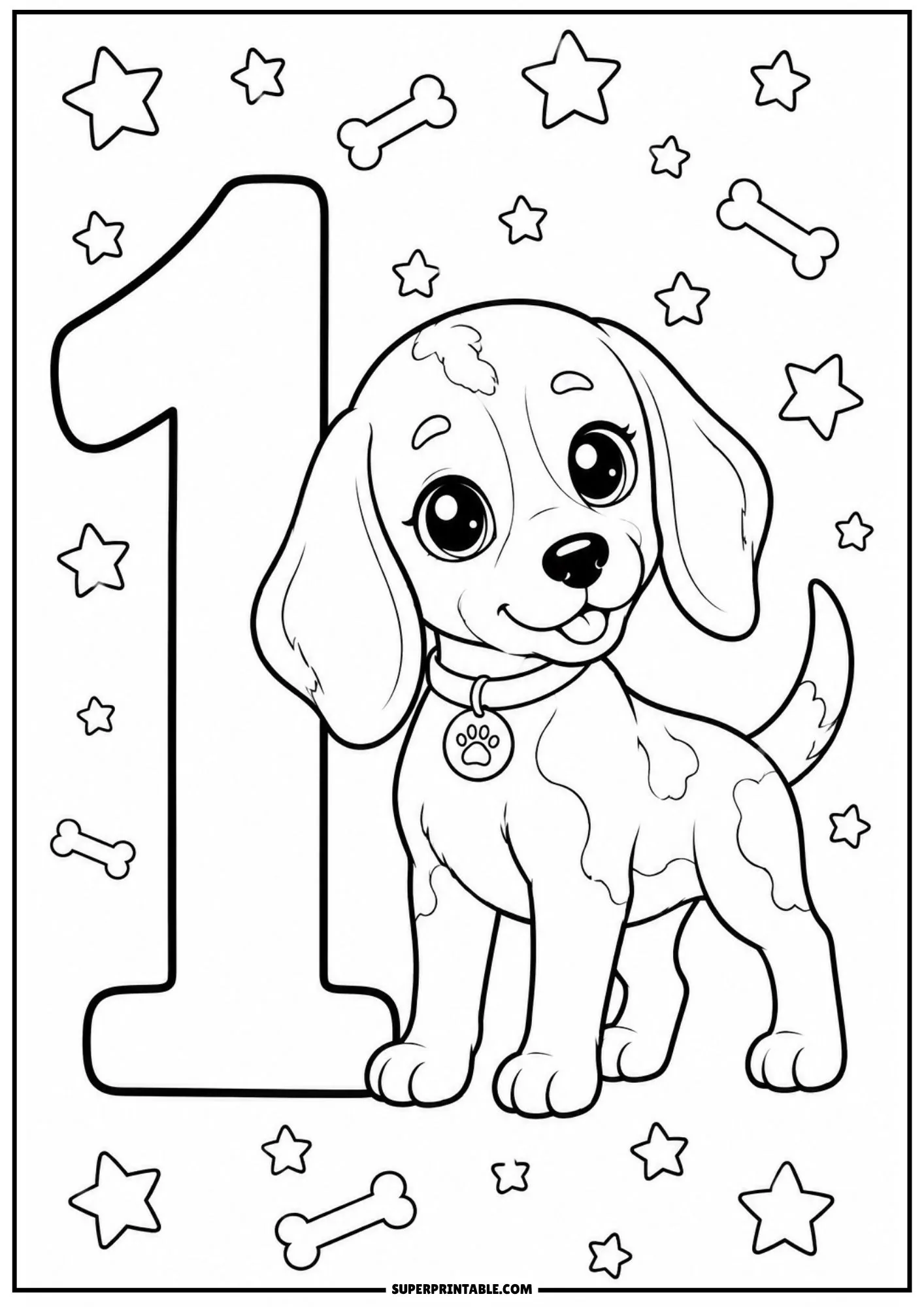 Beagle numbers coloring pages featuring a standing puppy beside a large numeral one.