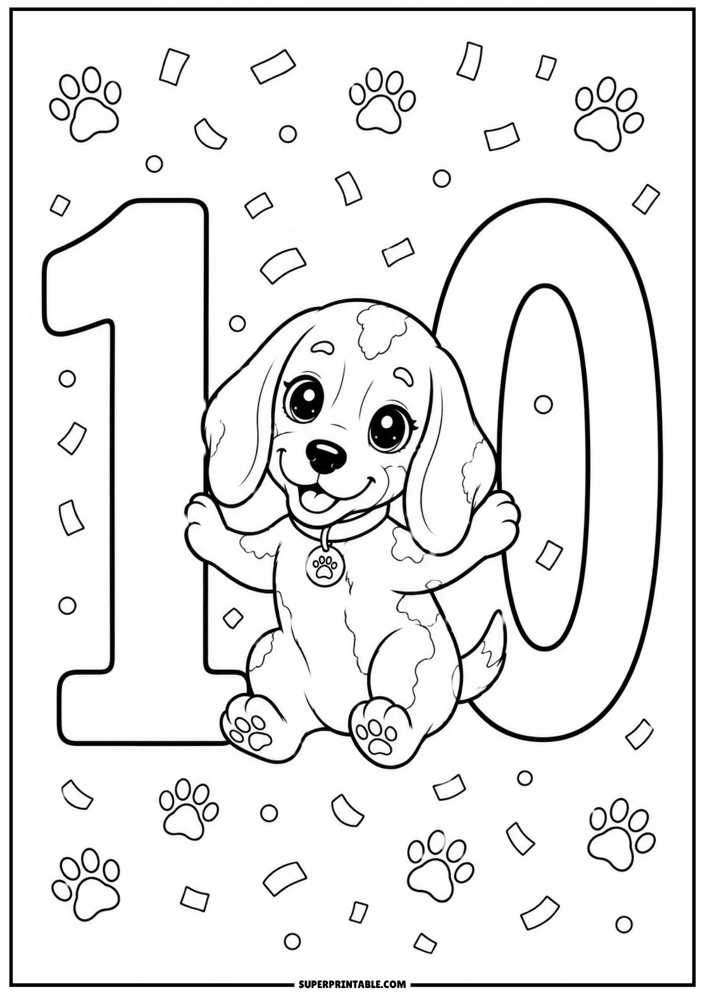 Joyful beagle puppy sitting between the digits of a large number ten with confetti.