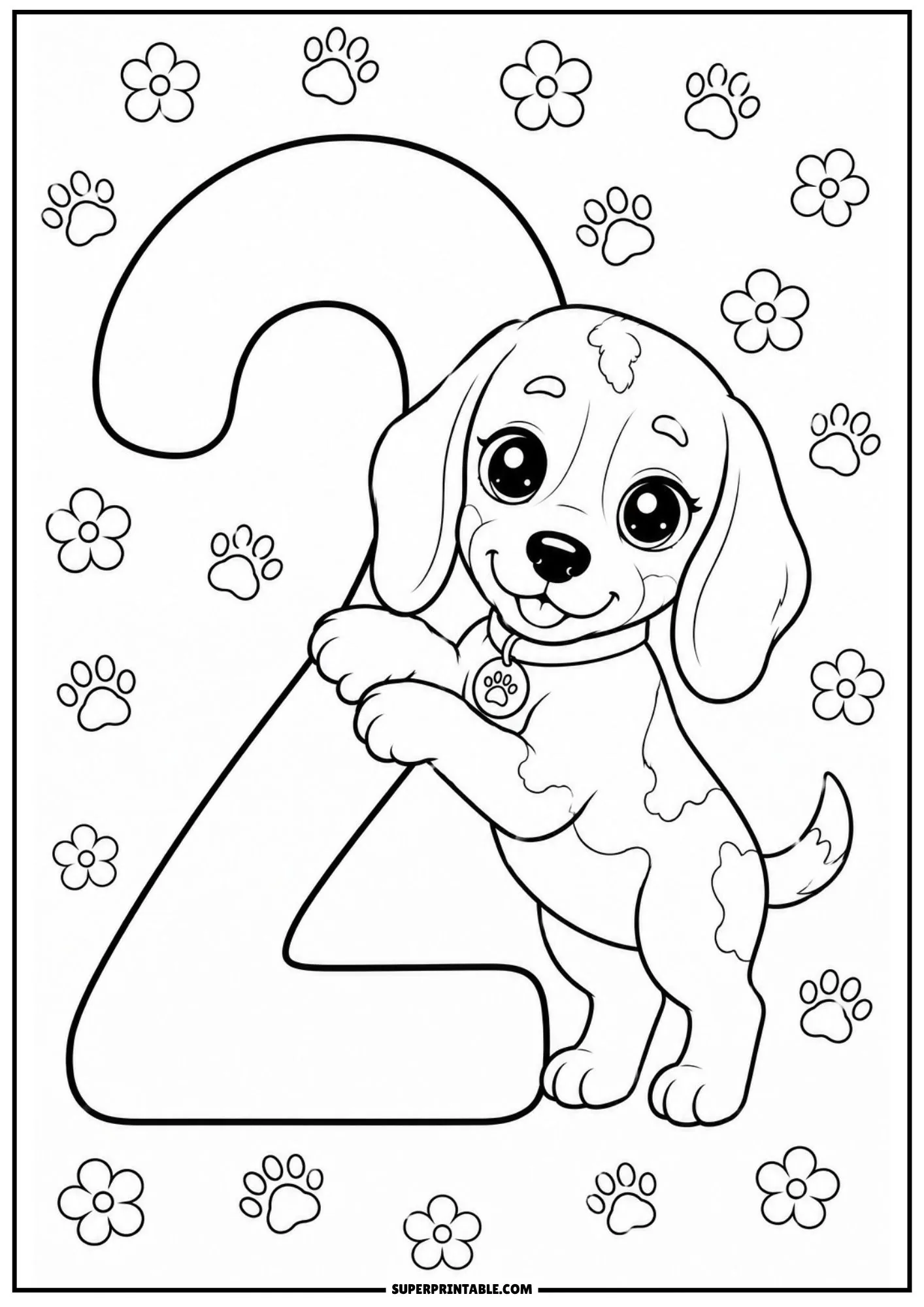Cute beagle puppy hugging a large number two surrounded by flowers and paw prints.