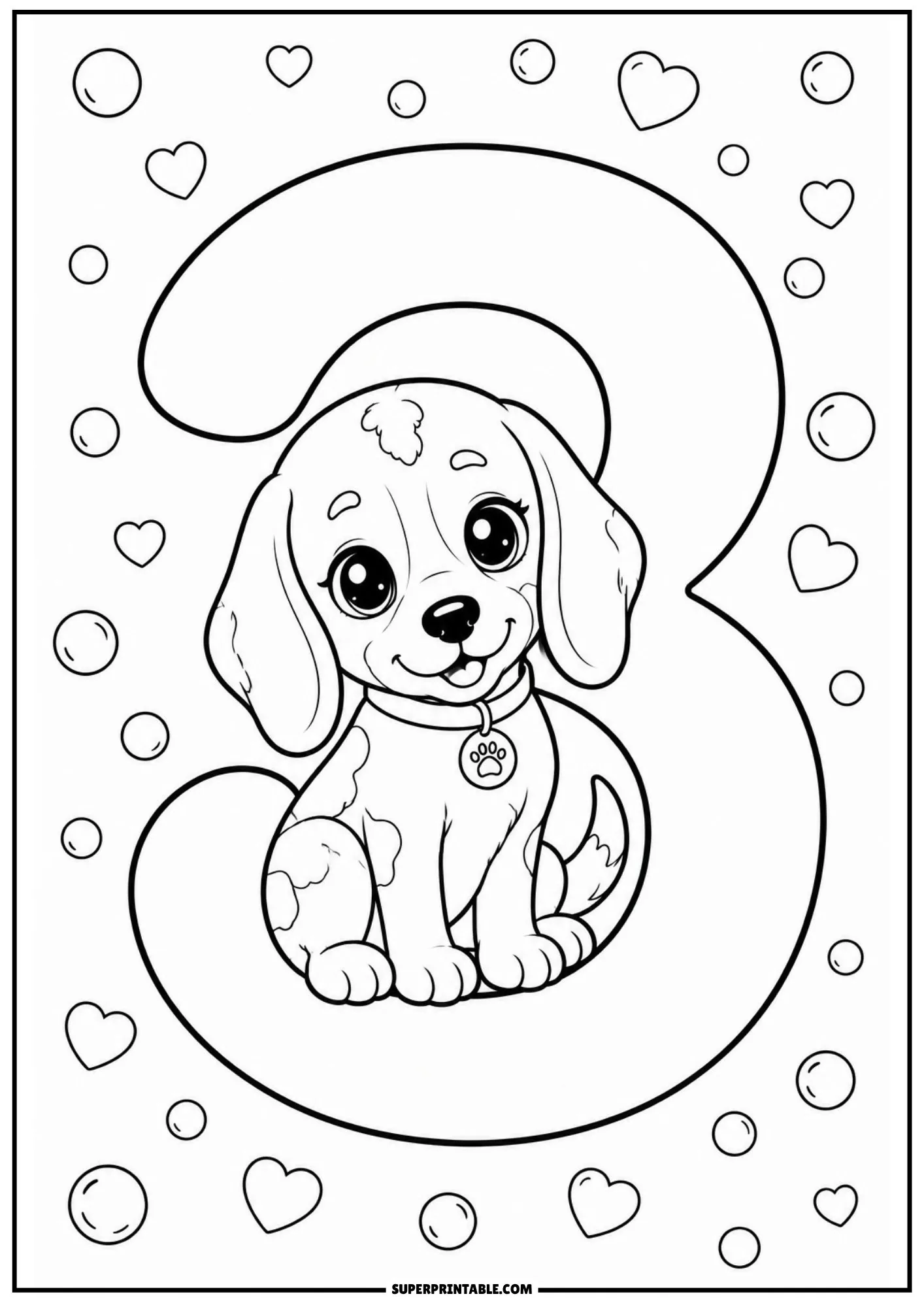 Adorable beagle puppy seated within a large number three with floating heart bubbles.