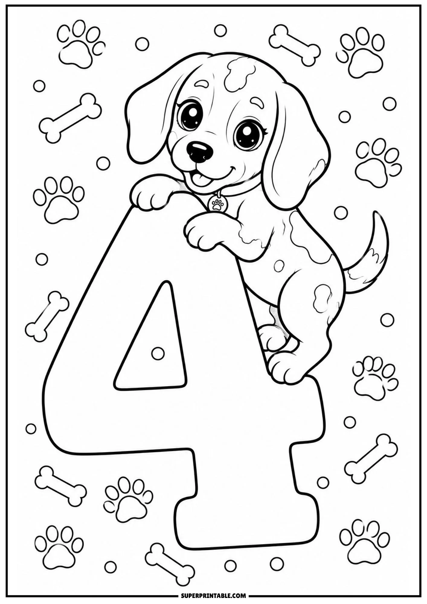 Playful beagle puppy climbing on a giant number four with bones and paw prints.