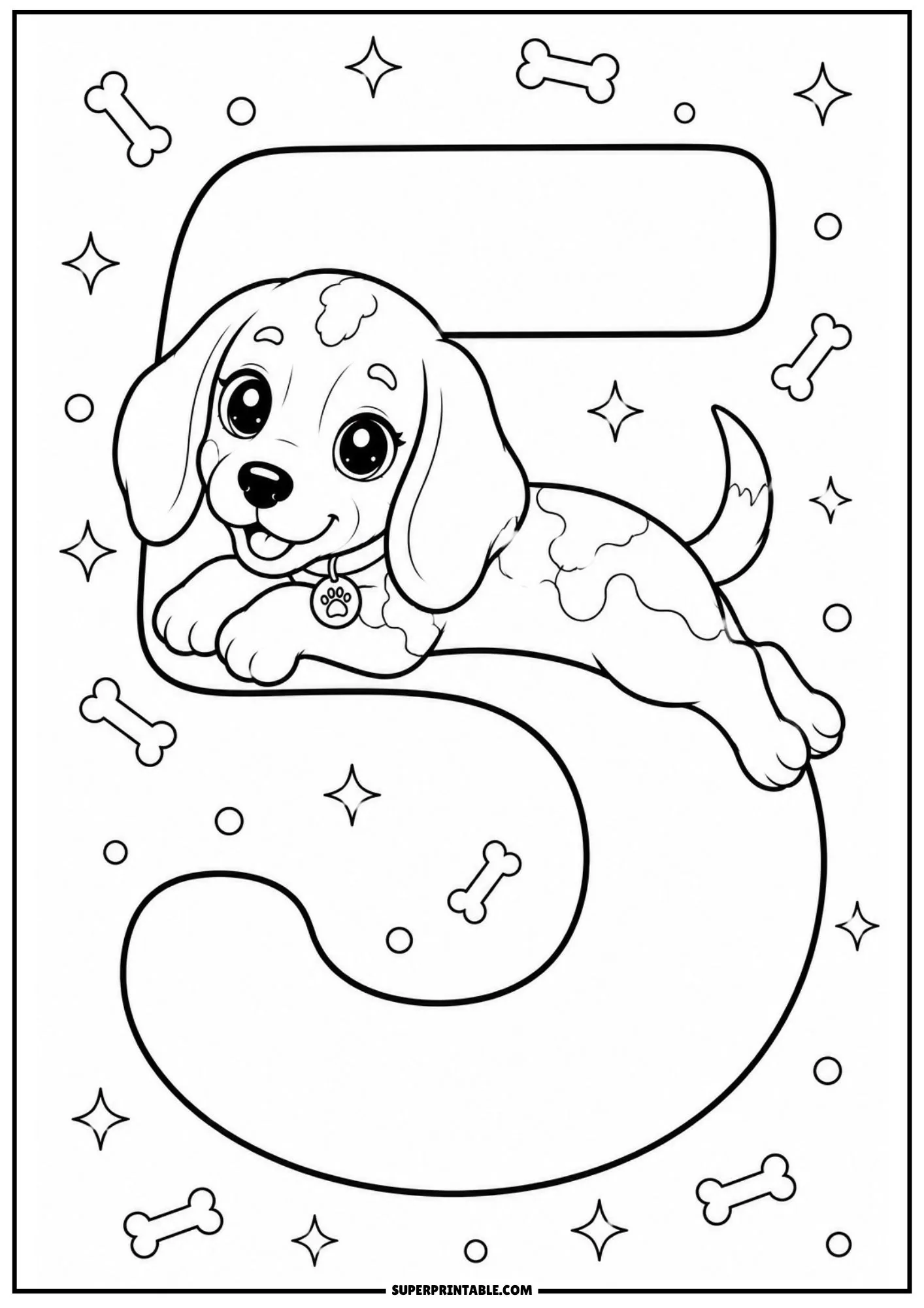 Happy beagle puppy lying across a large number five with stars and dog bones.