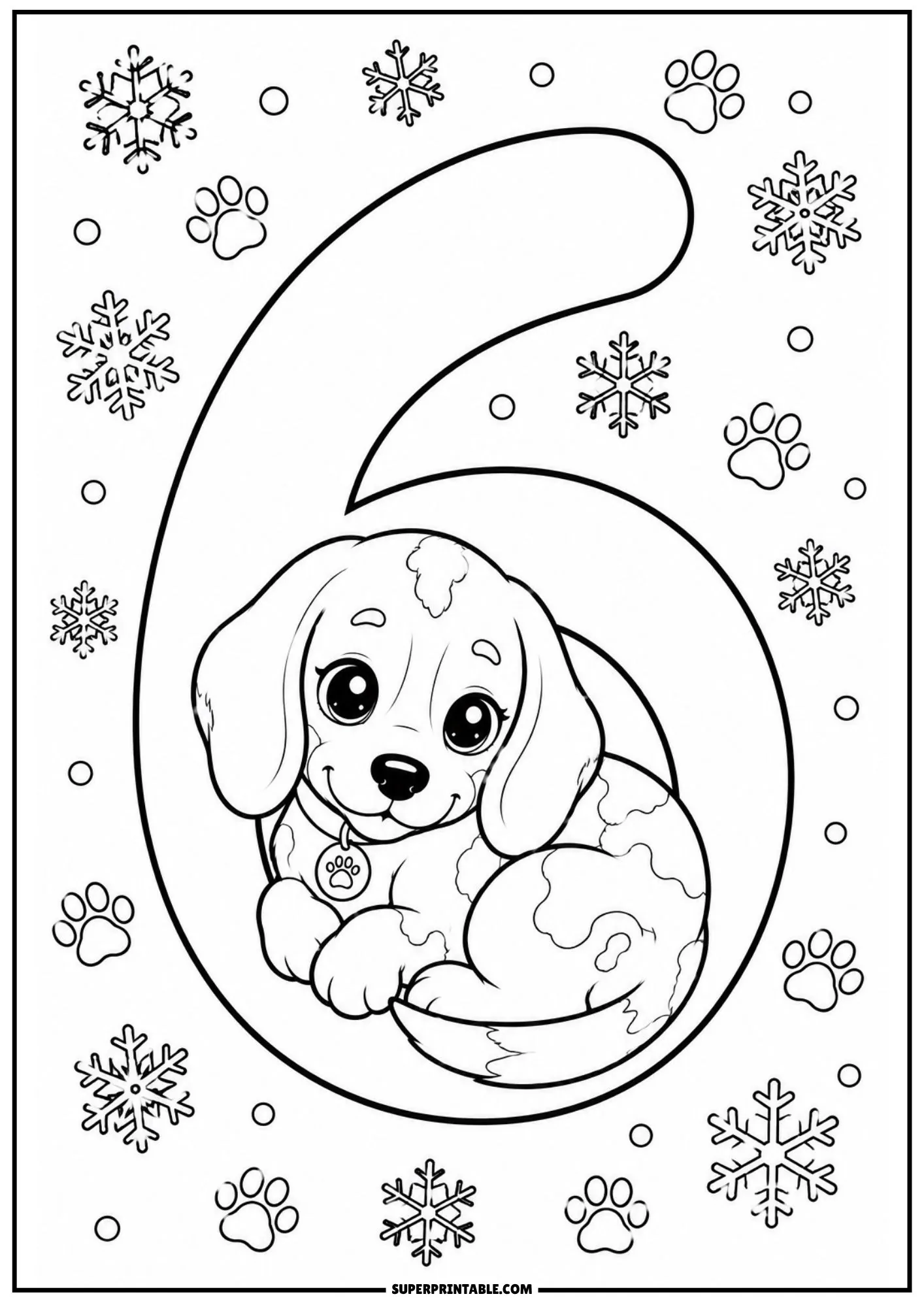 Cute beagle puppy sitting inside a number six framed by floating snowflakes.