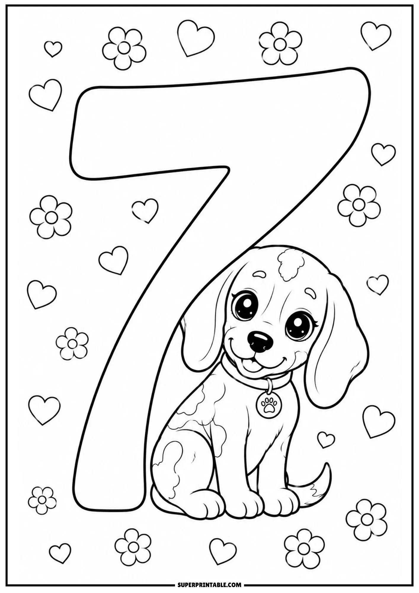 Sweet beagle puppy sitting below a giant number seven with hearts and flowers.