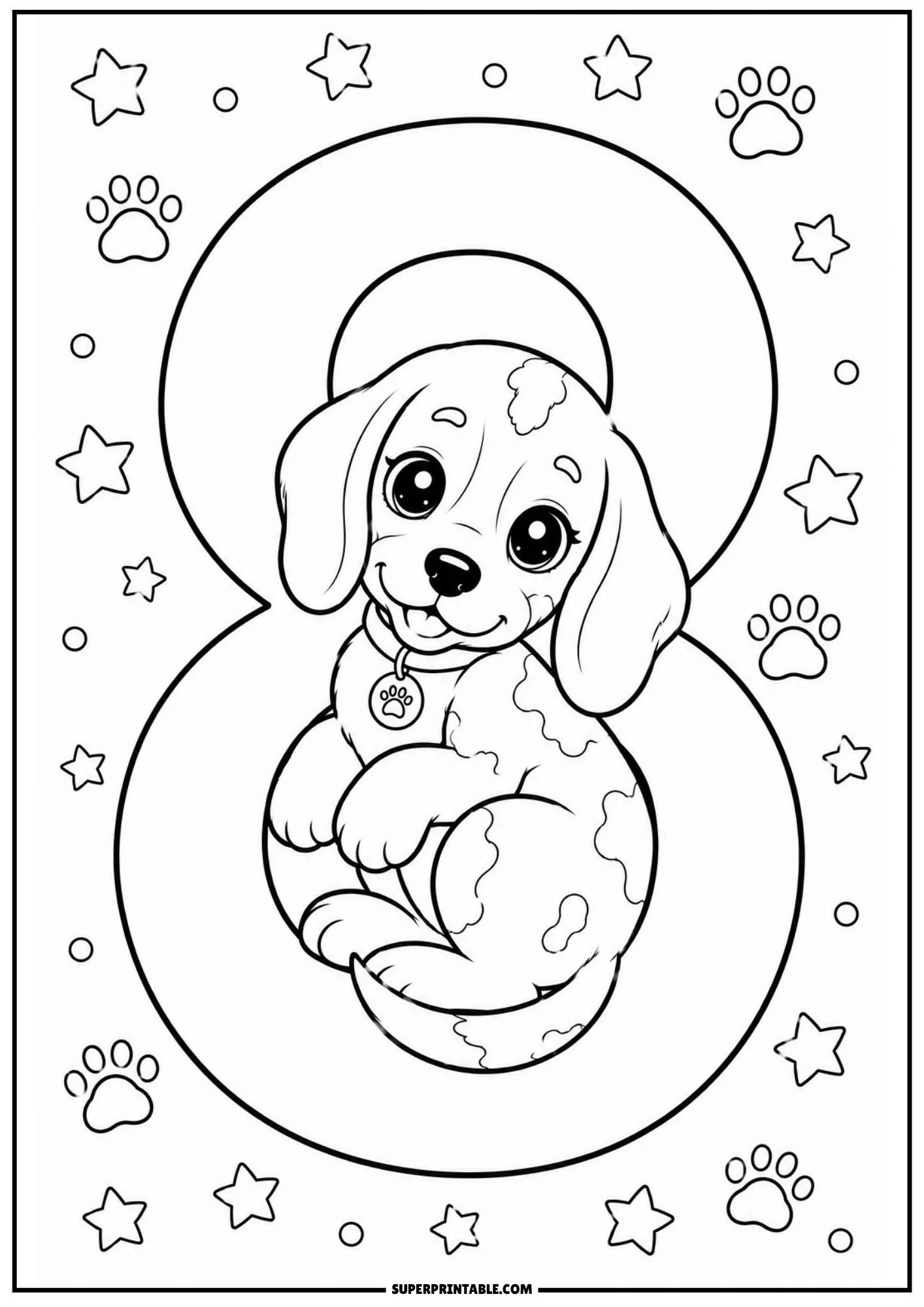 Cute beagle puppy sitting inside the middle loop of a large number eight.