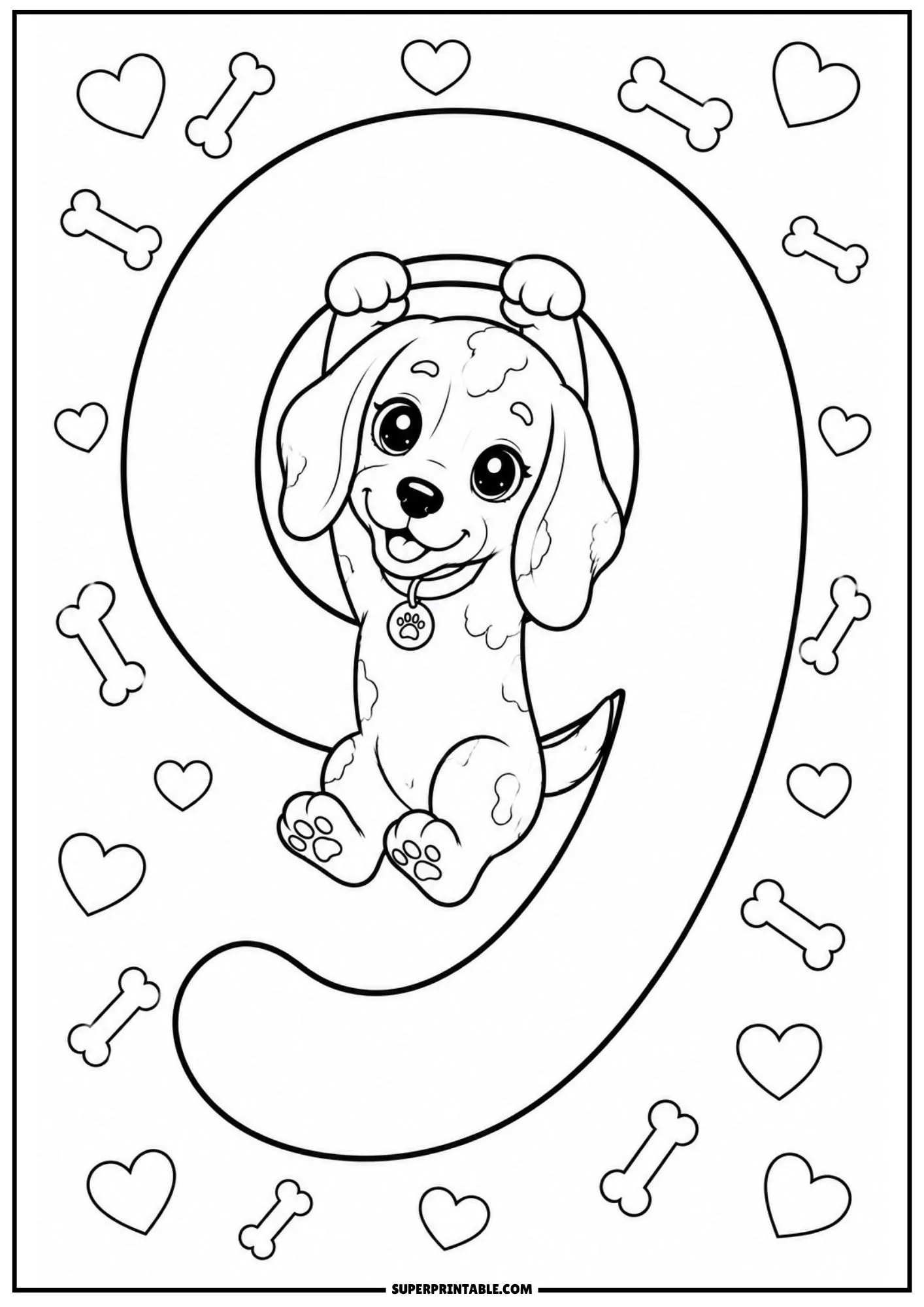 Playful beagle puppy holding onto the loop of a giant numeral nine.
