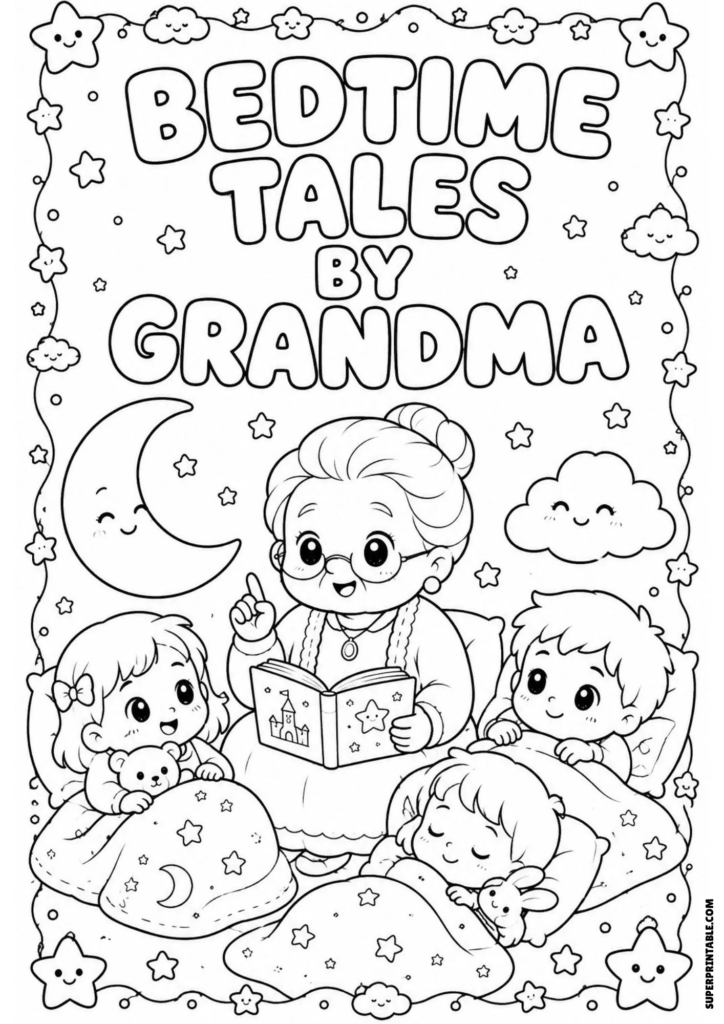 Bedtime illustration of a grandmother reading a storybook to three cozy children in bed.