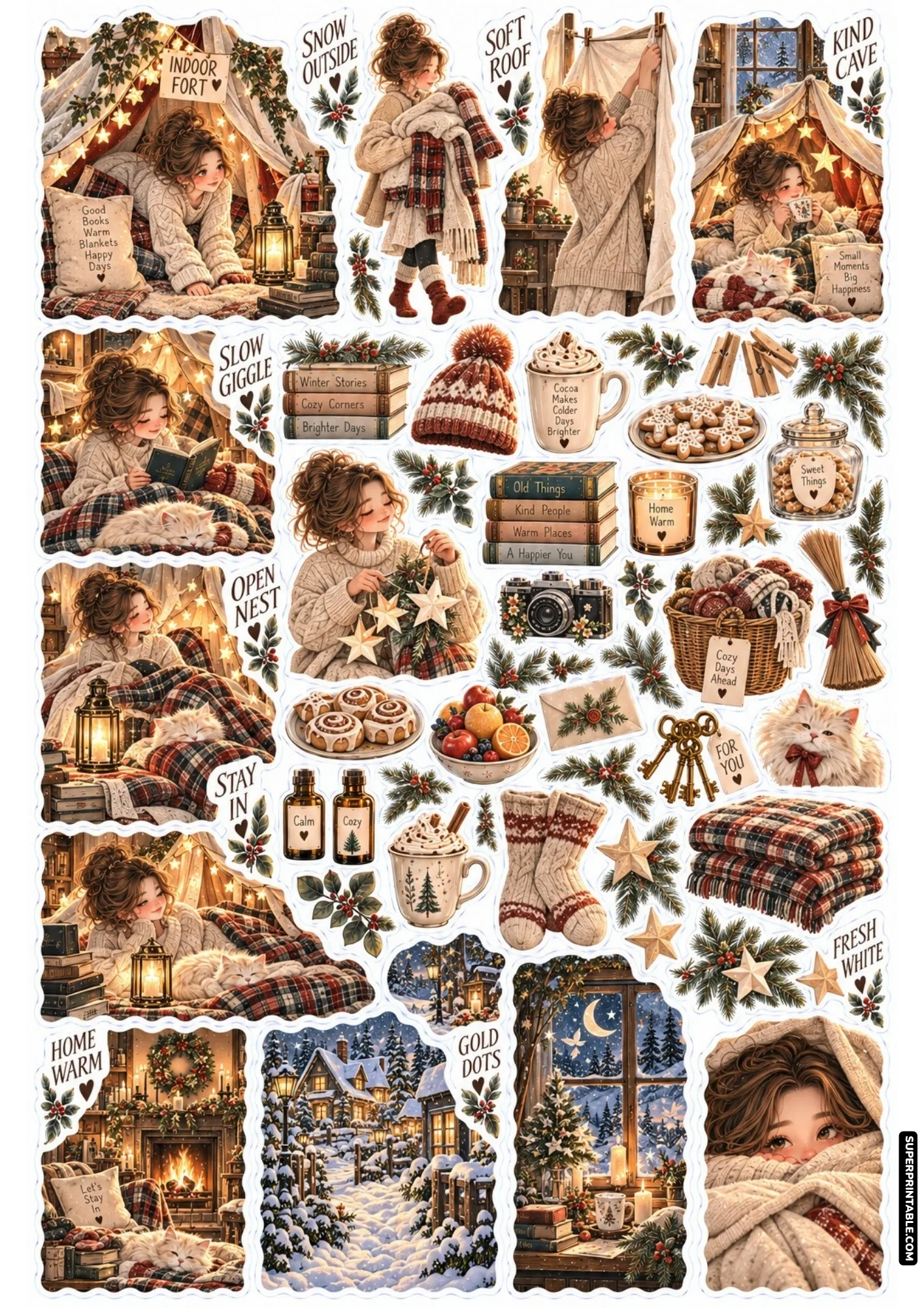 Charming sticker sheet illustrating a lit blanket fort, starry garlands, cozy socks, and a sleeping kitten