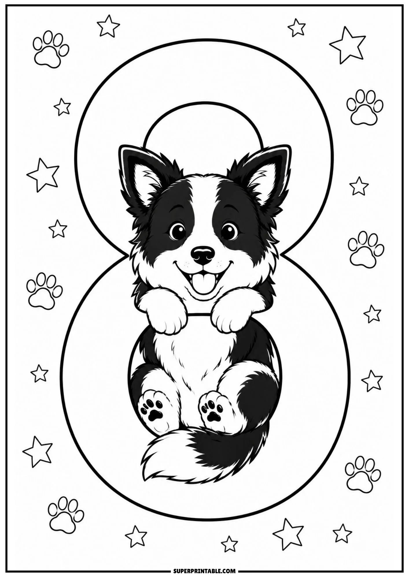 Border collie puppy sitting in the center loop of a large number eight framed by stars and paw prints.