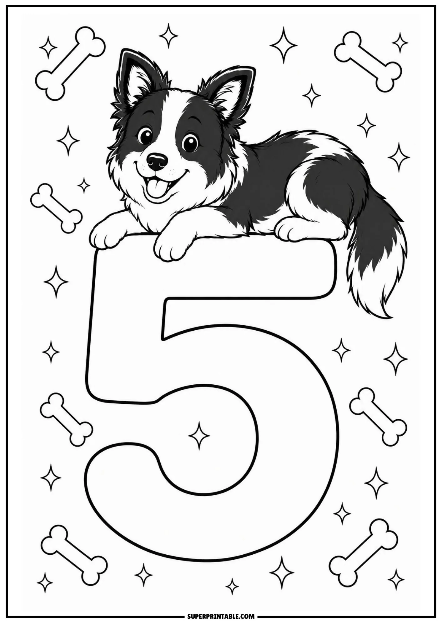 Playful border collie puppy resting on top of a big numeral five surrounded by sparkling stars and dog treats.