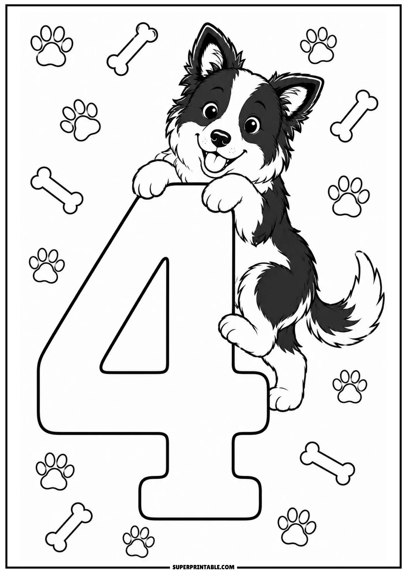 Cute border collie puppy climbing up the side of a large number four with paw prints and dog bones in background.