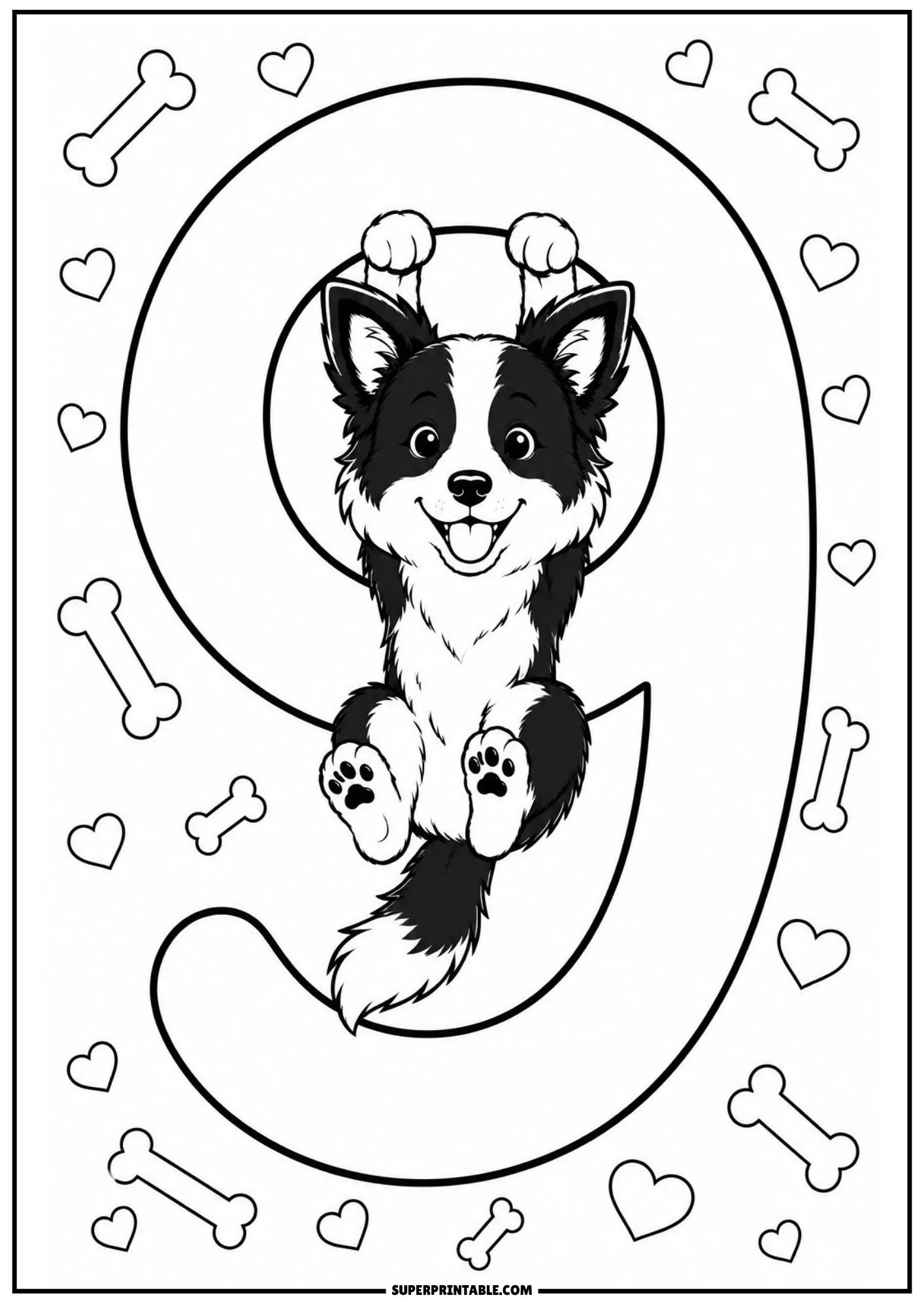 Happy border collie puppy hanging playfully from the top of number nine with hearts and dog bones.