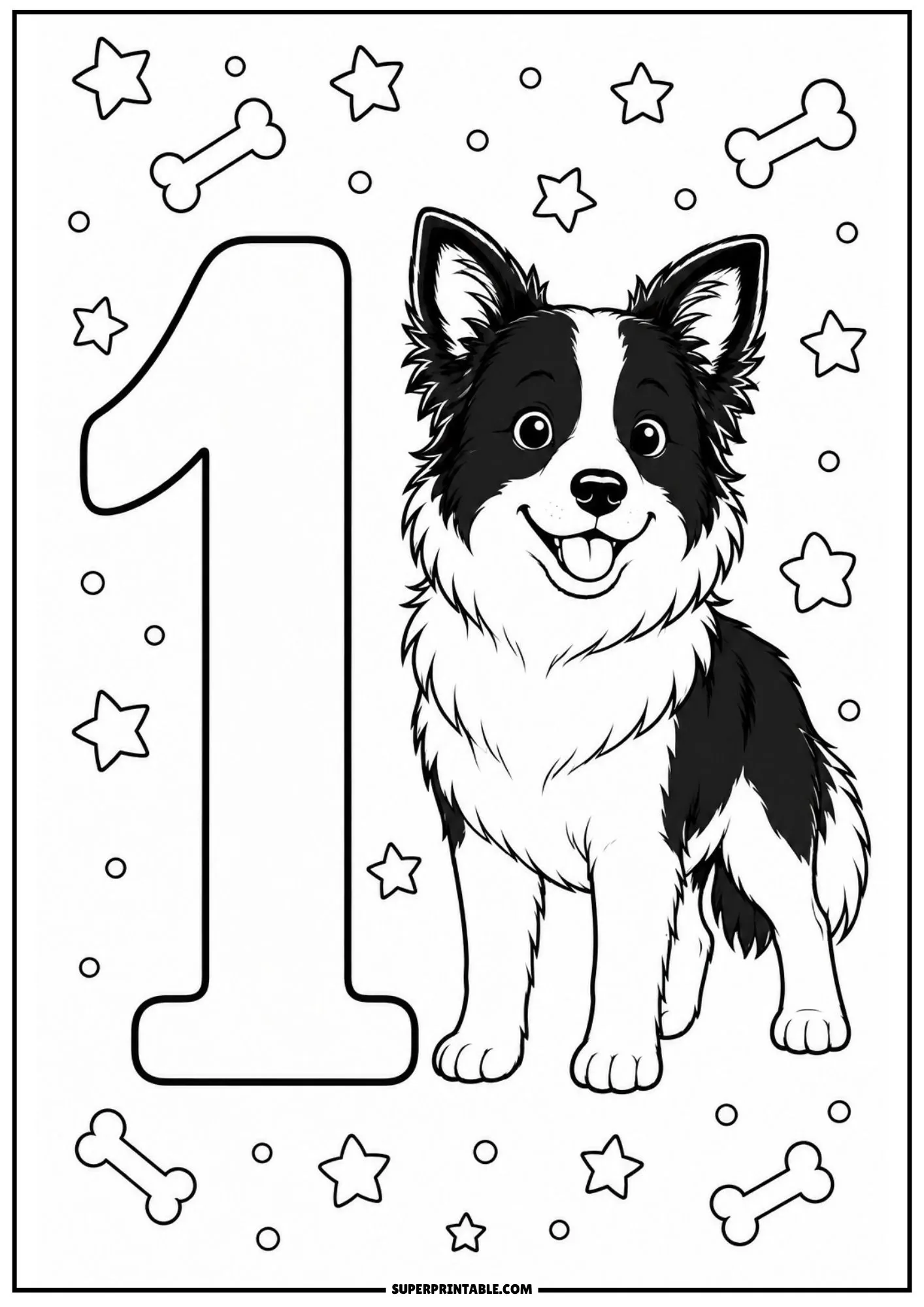 Border collie numbers coloring pages printable page featuring a cheerful puppy standing beside a large number one.