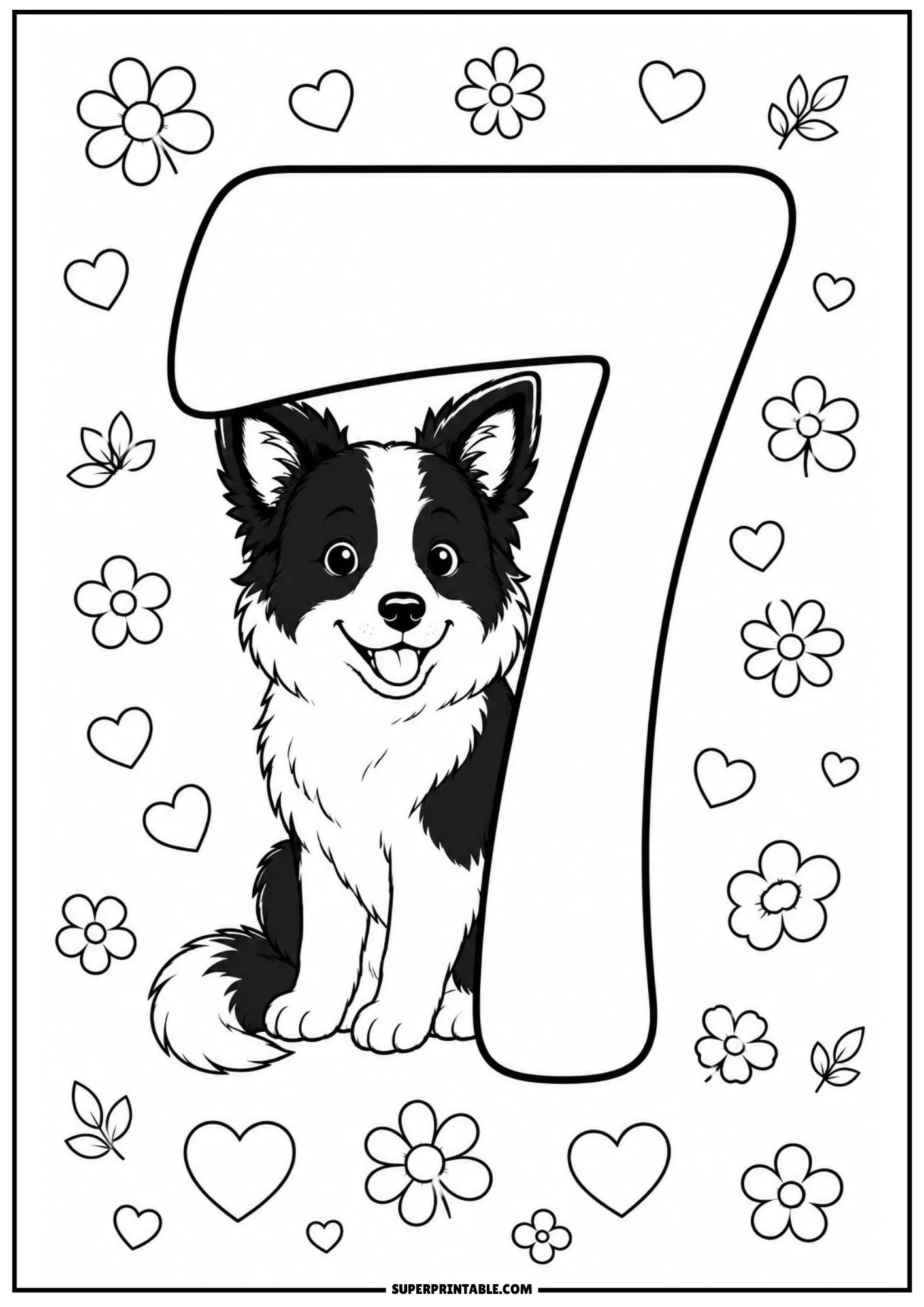 Fluffy border collie puppy sitting calmly beside a bold number seven with flowers and heart shapes.