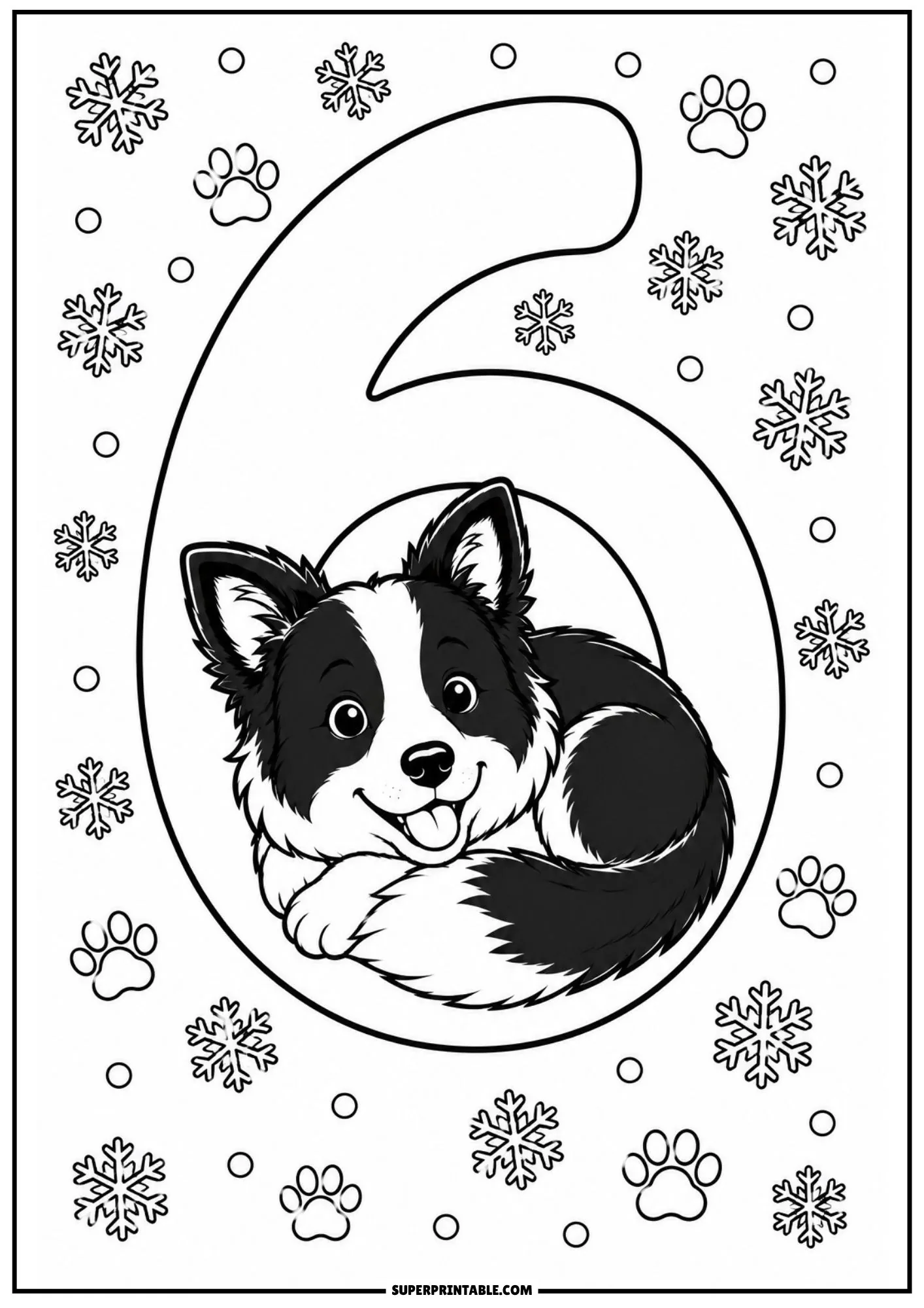 Border collie puppy sleeping comfortably inside the loop of number six with snowflakes and paw prints.