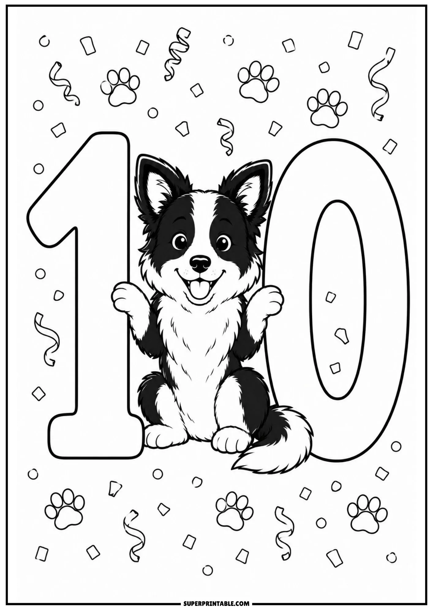 Festive border collie puppy celebrating with paws up between the numbers one and zero for number ten.
