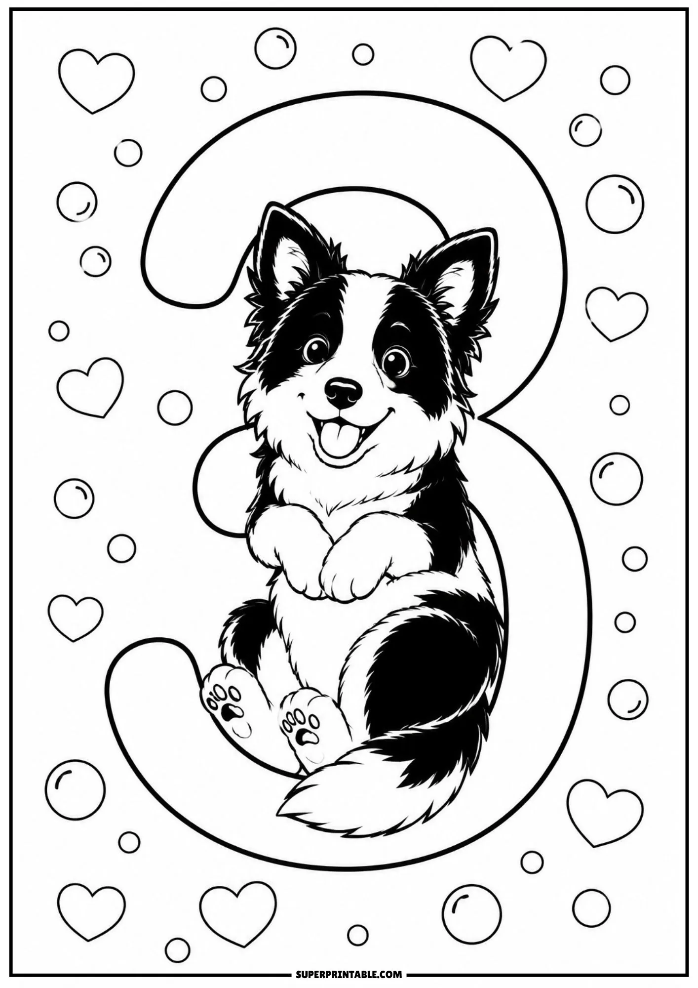 Border collie puppy sitting comfortably inside the curve of a big number three surrounded by hearts and floating bubbles.
