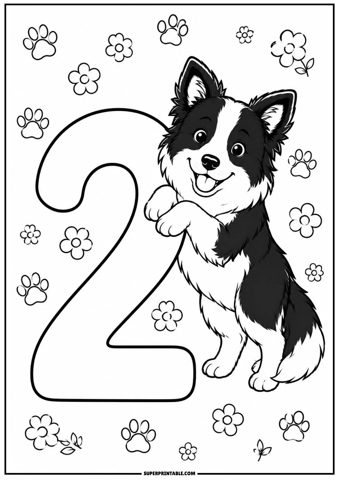 Adorable black and white border collie puppy leaning playfully against a large numeral two with decorative flowers.