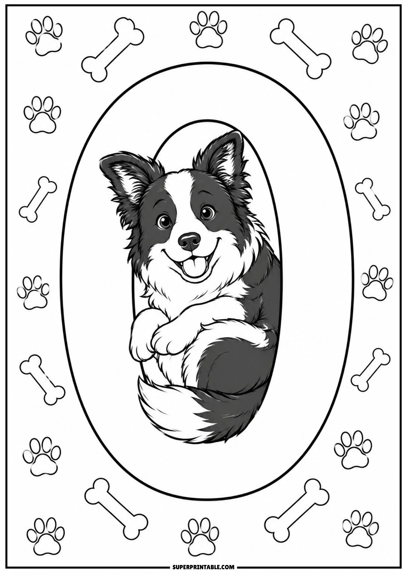 Border collie numbers coloring pages printable sheet showing a cute puppy curled up inside number zero with paw prints.