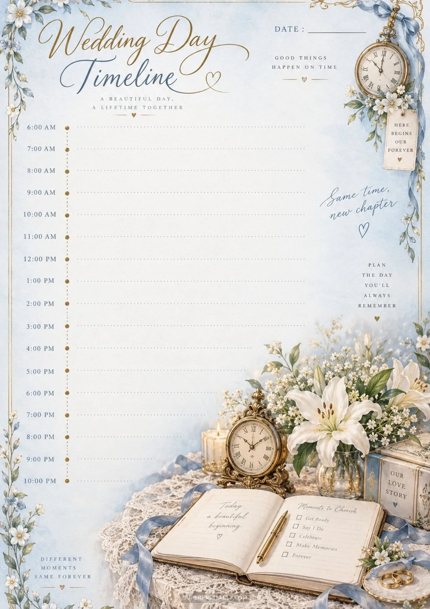 Single column wedding schedule sheet decorated with white lilies and pocket watch.