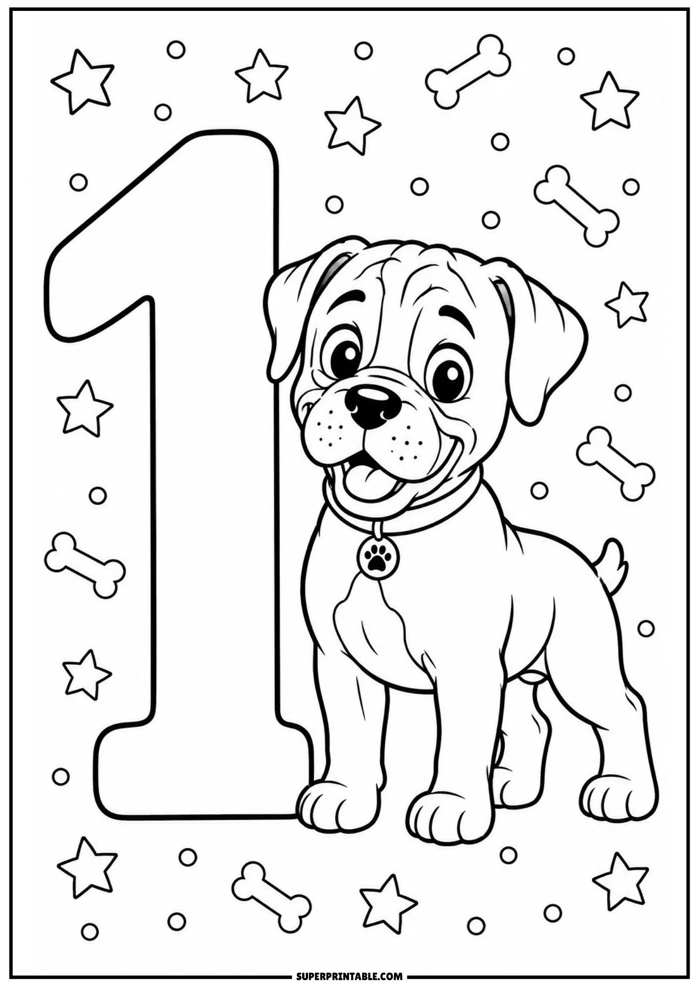 Free printable boxer dog numbers coloring pages sheet showing a puppy standing beside number one.