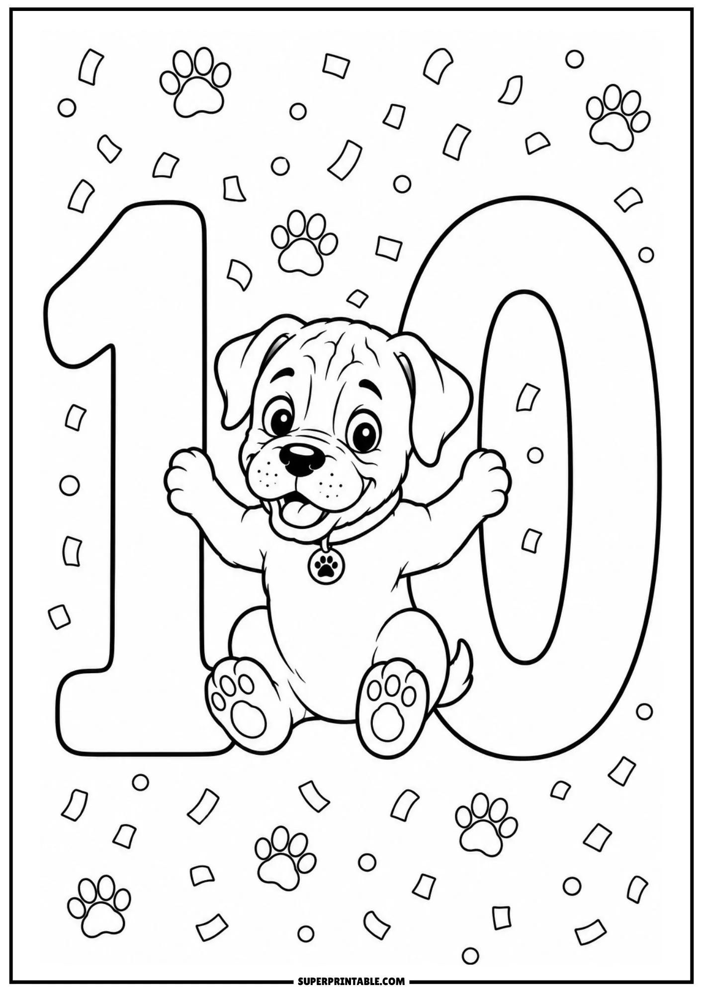 Festive coloring sheet showing a cheerful boxer puppy celebrating between the digits of number ten.