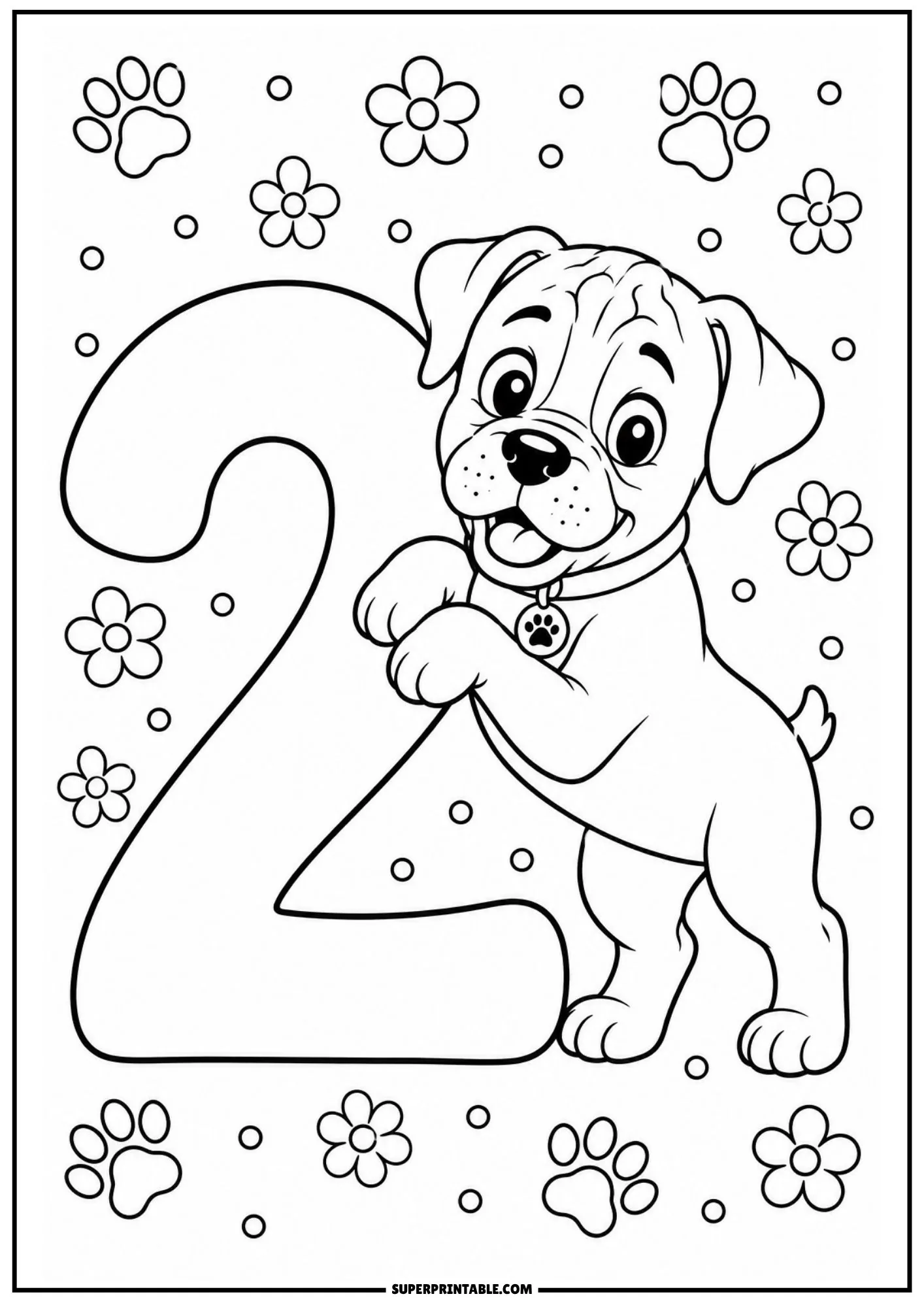Black and white line art of a cute boxer puppy leaning against a big number two with flower details.