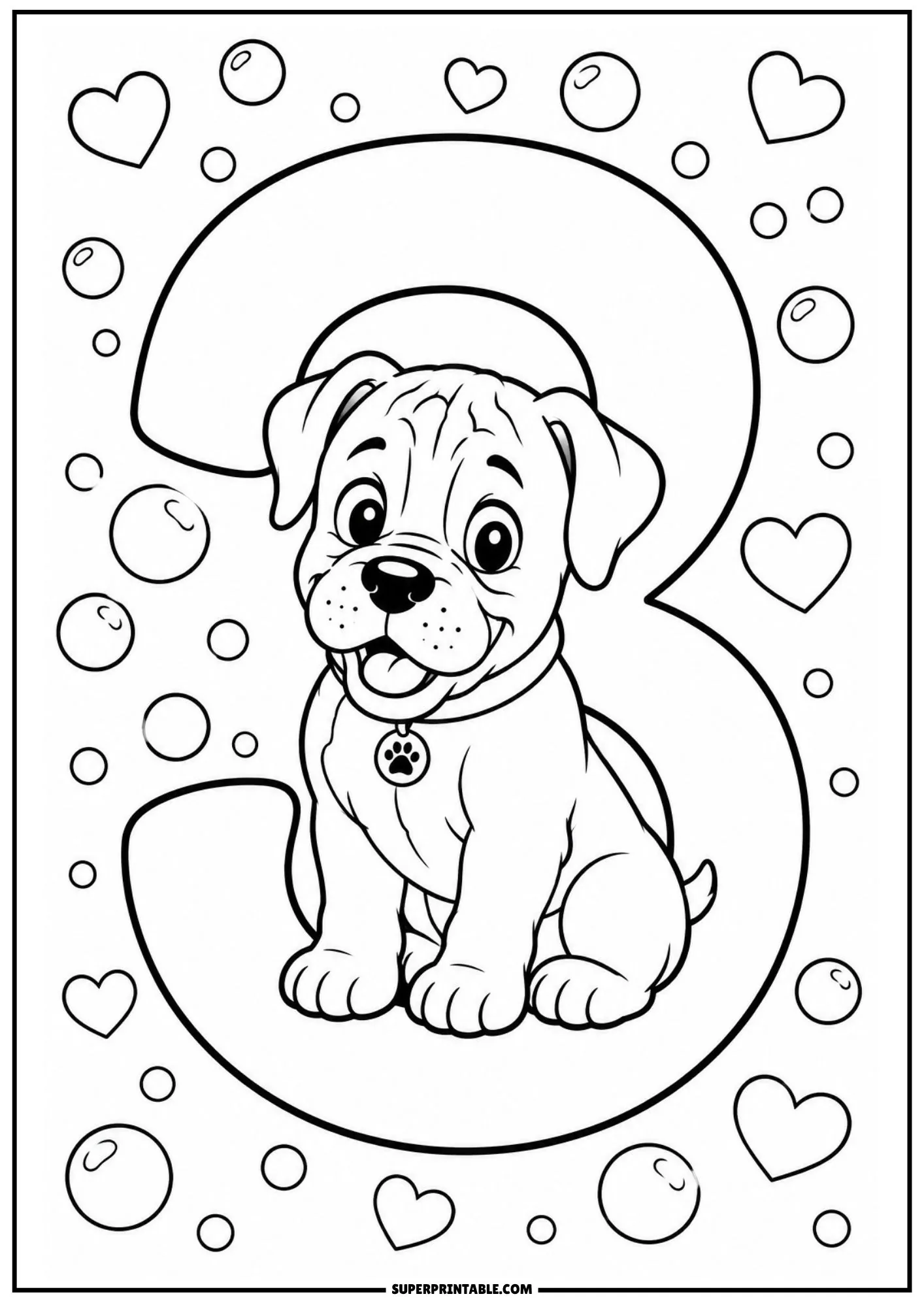 Printable outline page with a cute boxer puppy sitting inside a large number three with hearts.