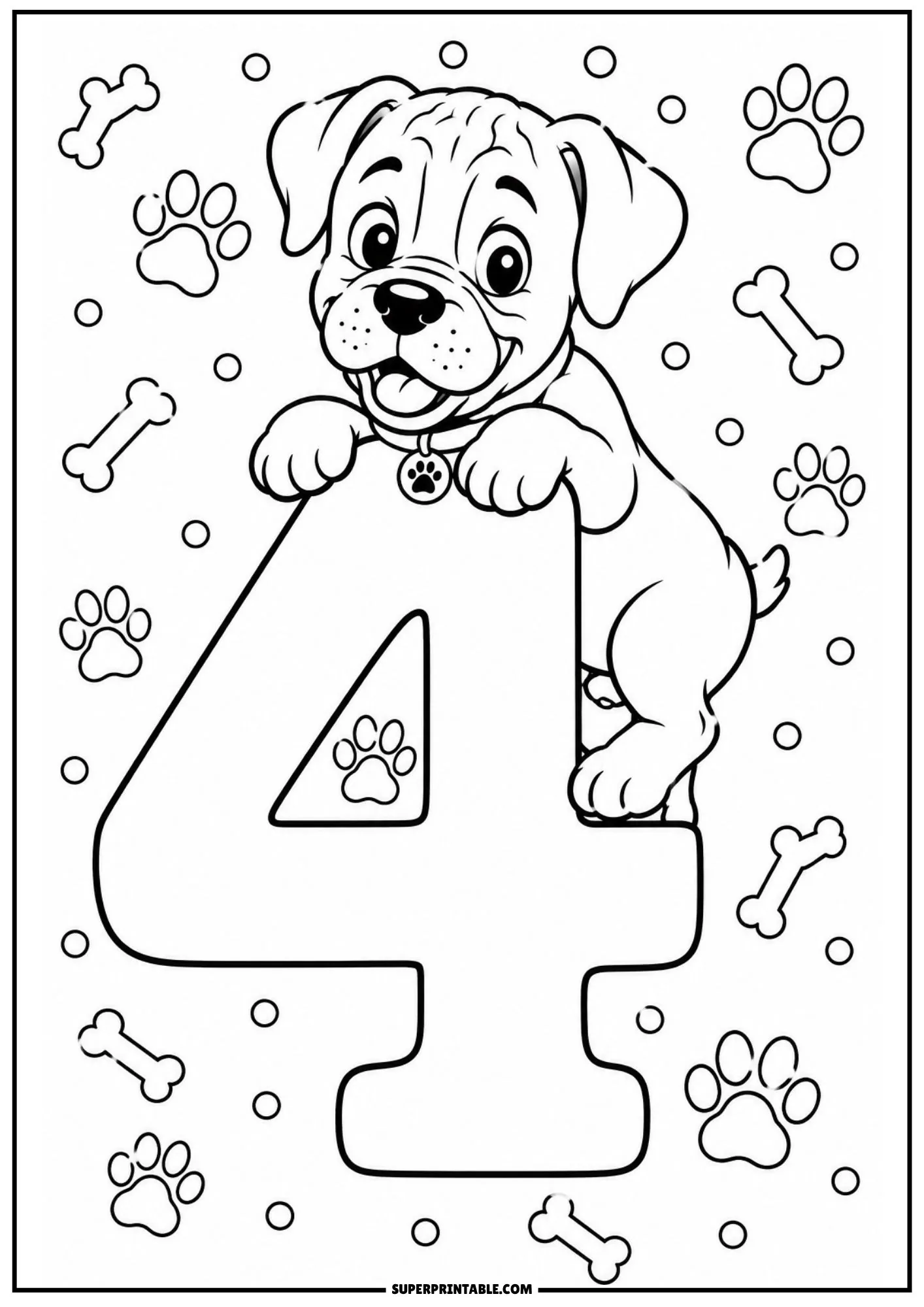 Line drawing of a joyful boxer puppy climbing on top of a large number four coloring sheet.