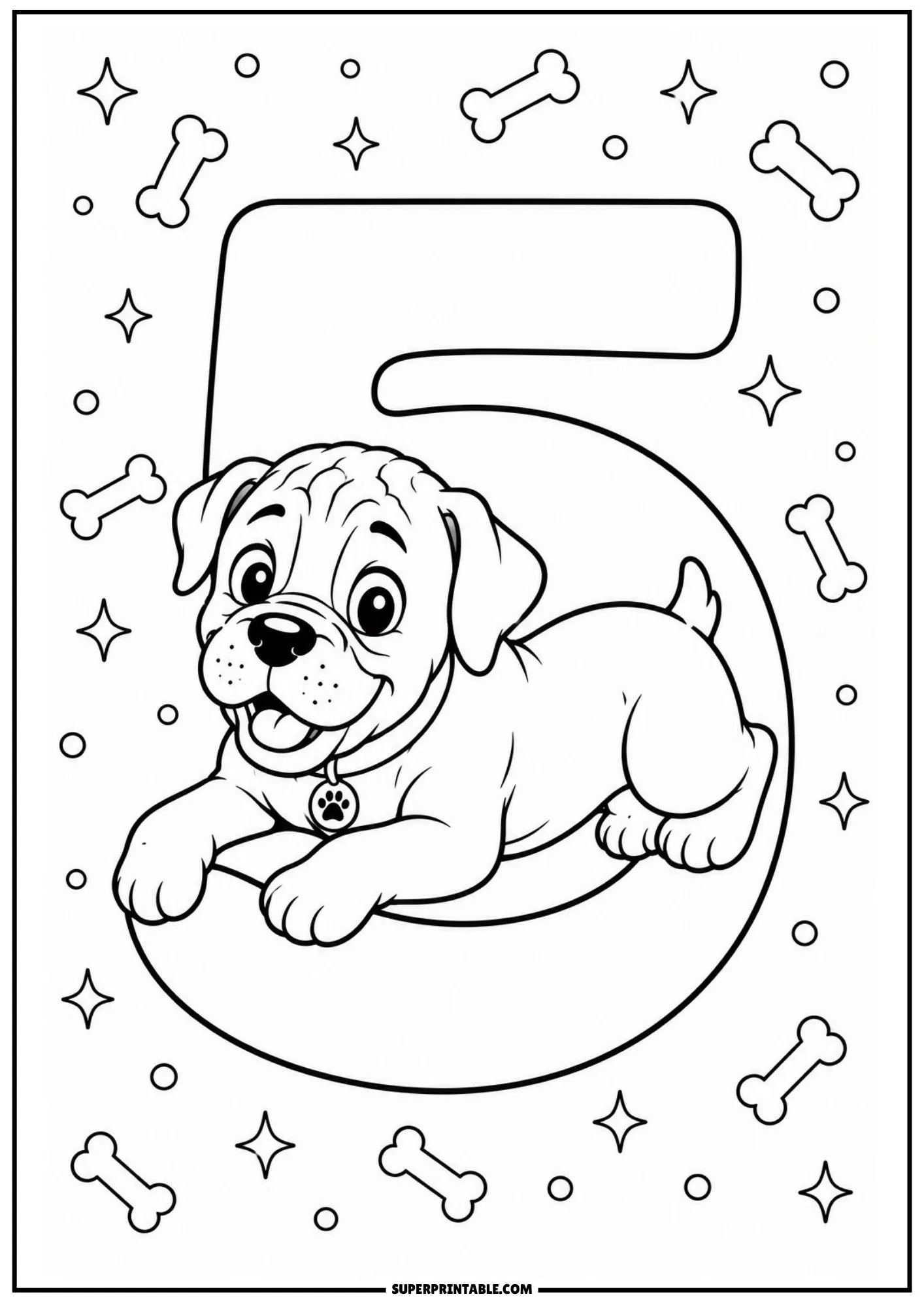 Coloring page showing a cheerful boxer puppy lying down across a large number five with stars.