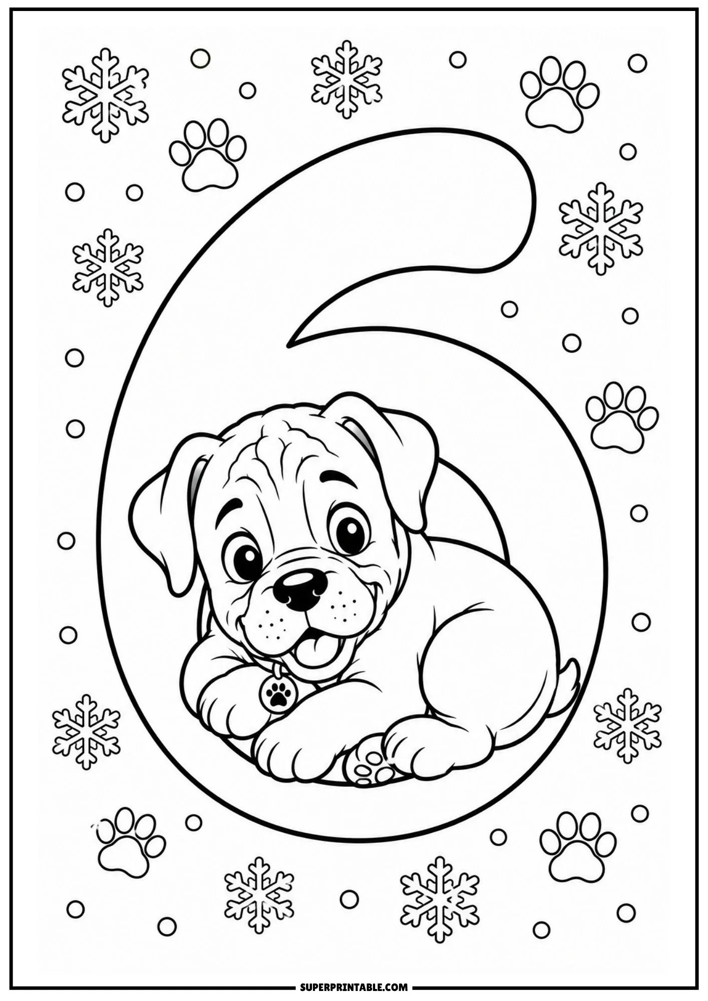 Printable line art featuring a boxer puppy nestled inside the loop of a giant number six.
