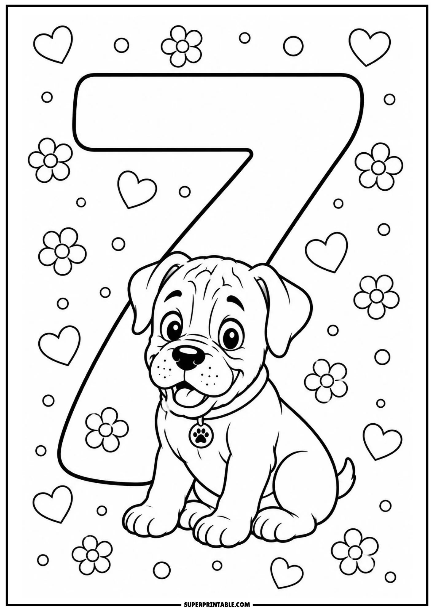 Simple outline coloring page of a smiling boxer puppy sitting proudly in front of number seven.
