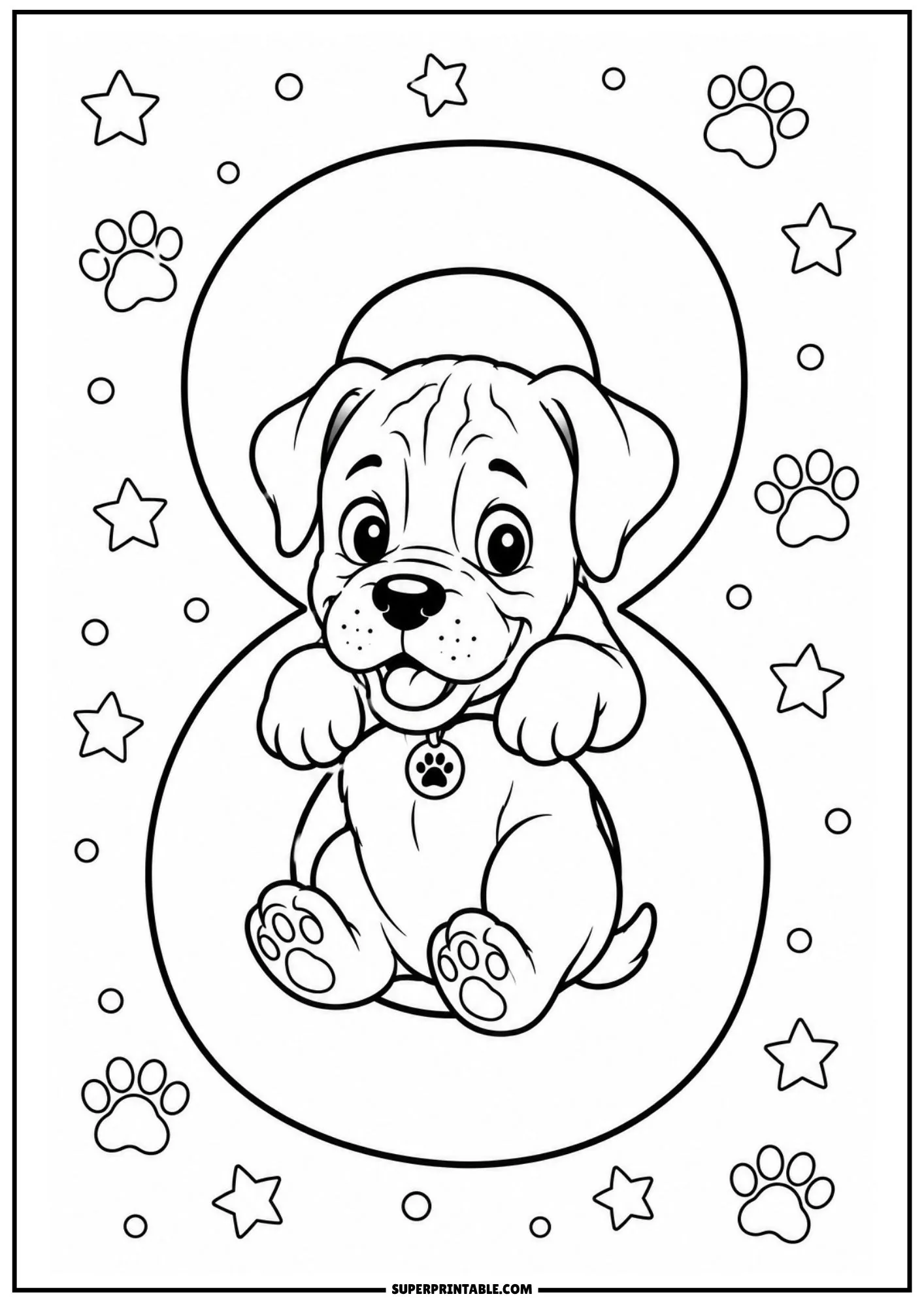 Detailed line drawing of a joyful boxer puppy sitting centered inside a large number eight.