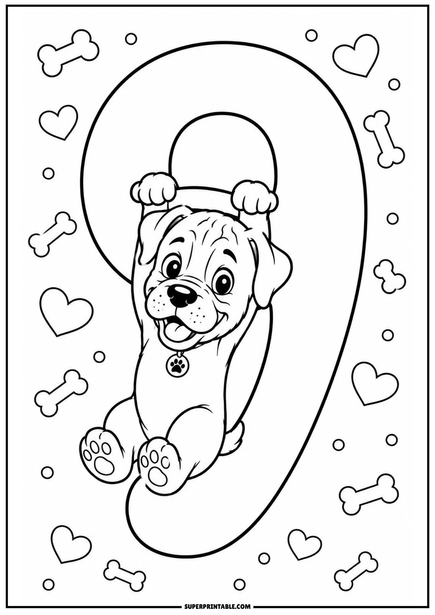 Playful coloring illustration of a boxer puppy hanging from the top loop of number nine.
