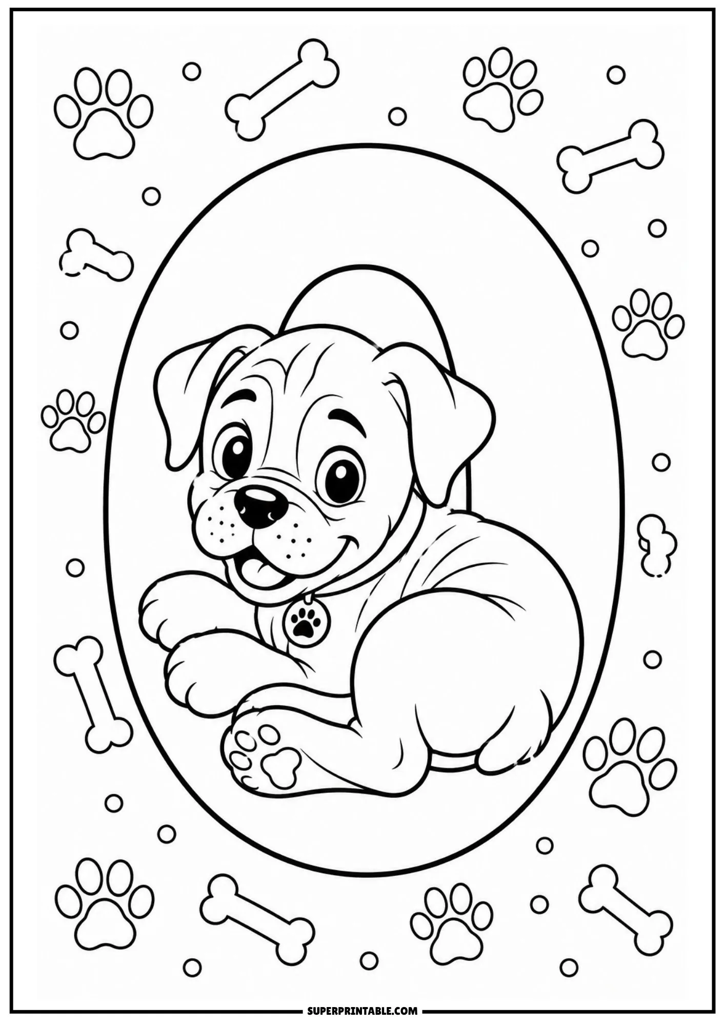 Printable boxer dog numbers coloring pages cover featuring a puppy inside an oval frame.