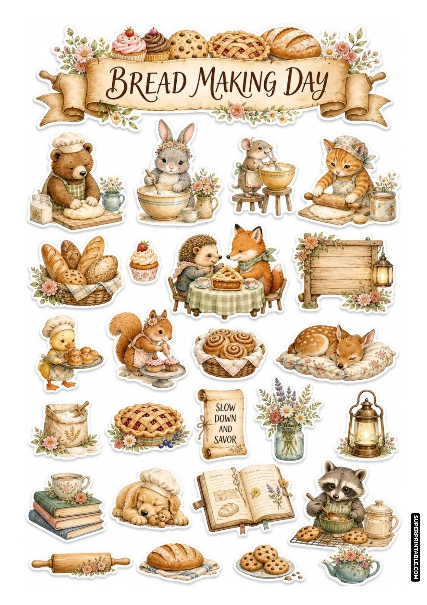 Artisan baking sticker sheet with cute animals kneading dough and baking bread loaves.