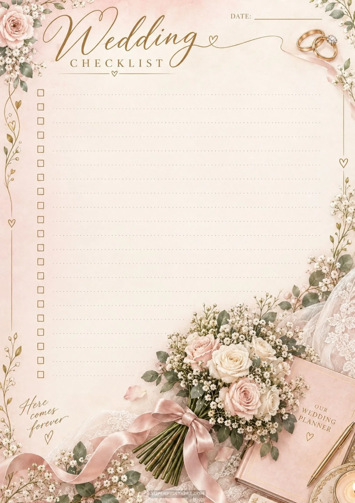 Blush pink wedding checklist template with a soft bridal rose bouquet and planner book.