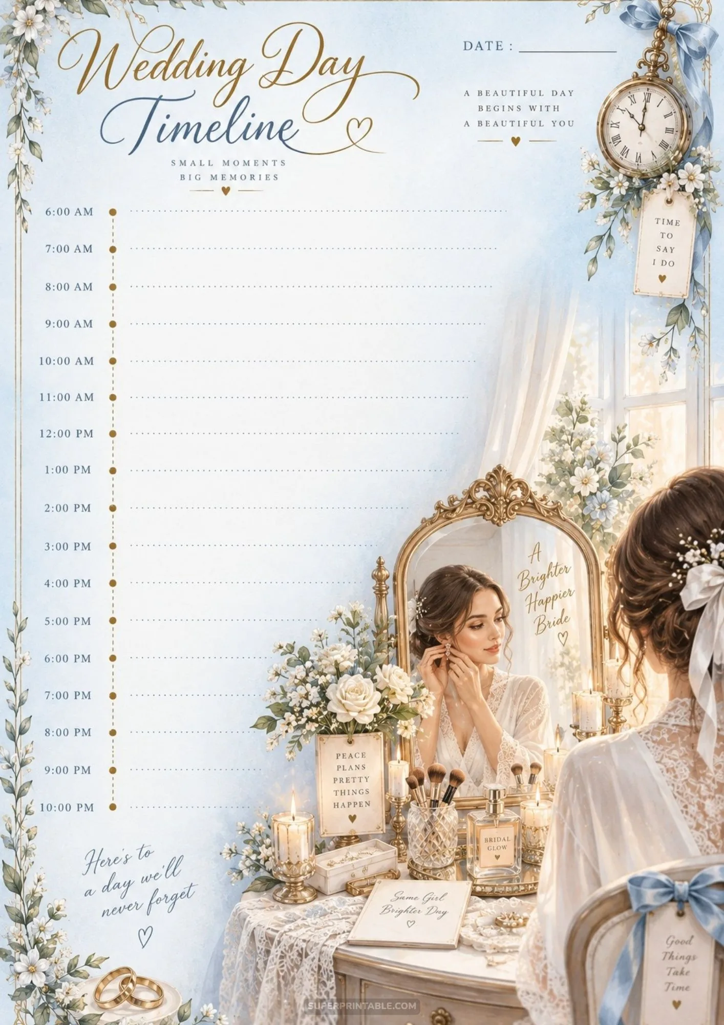 Bridal vanity table scene paired with an elegant wedding timeline schedule sheet.