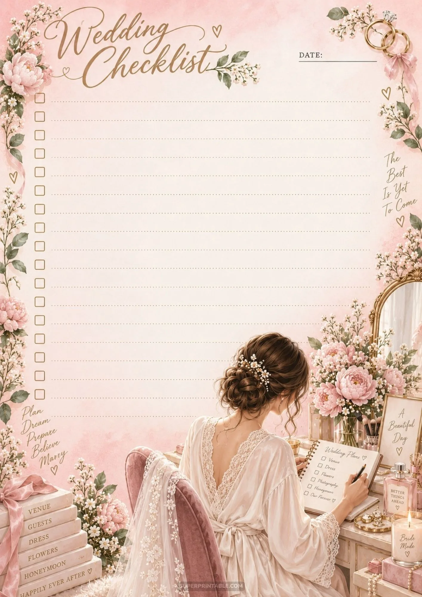 Elegantly styled printable checklist sheet displaying a bride writing her wedding plans.
