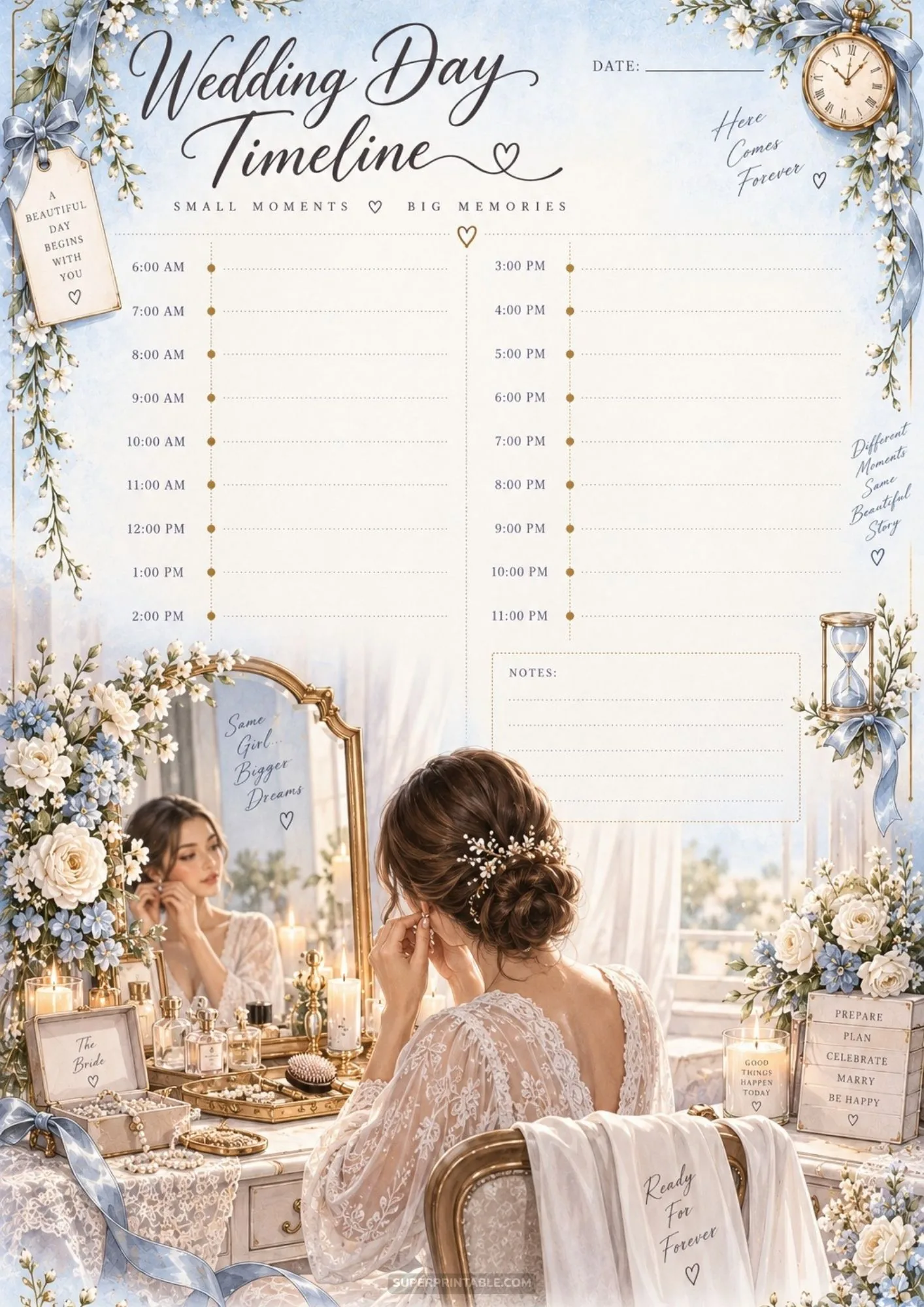 Bride dressing at vanity mirror alongside a wedding schedule itinerary sheet.