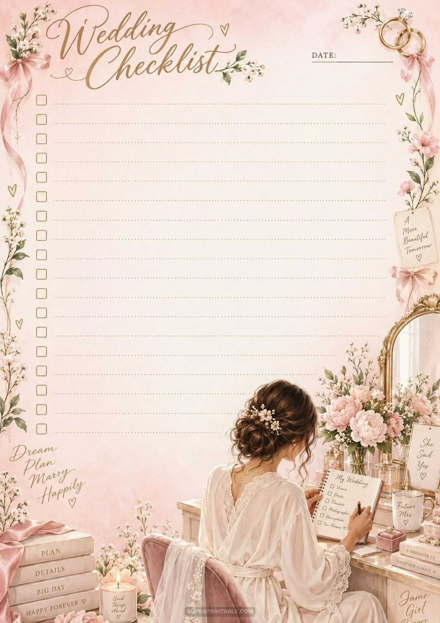 Printable wedding checklist sheets featuring a bride writing at a floral vanity table.